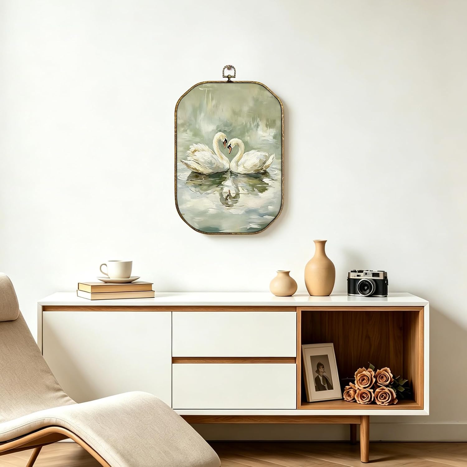 XiZoDinia Octagonal Framed Swan Wall Art, 7.5x10.2 Inch Vintage Wood-Look Animal Wall Decor, Romantic Swans Oil Painting Print, Aesthetic Mural for Bathroom Living Room Bedroom, Nature Lover Gift (Pair of Swans) image 5