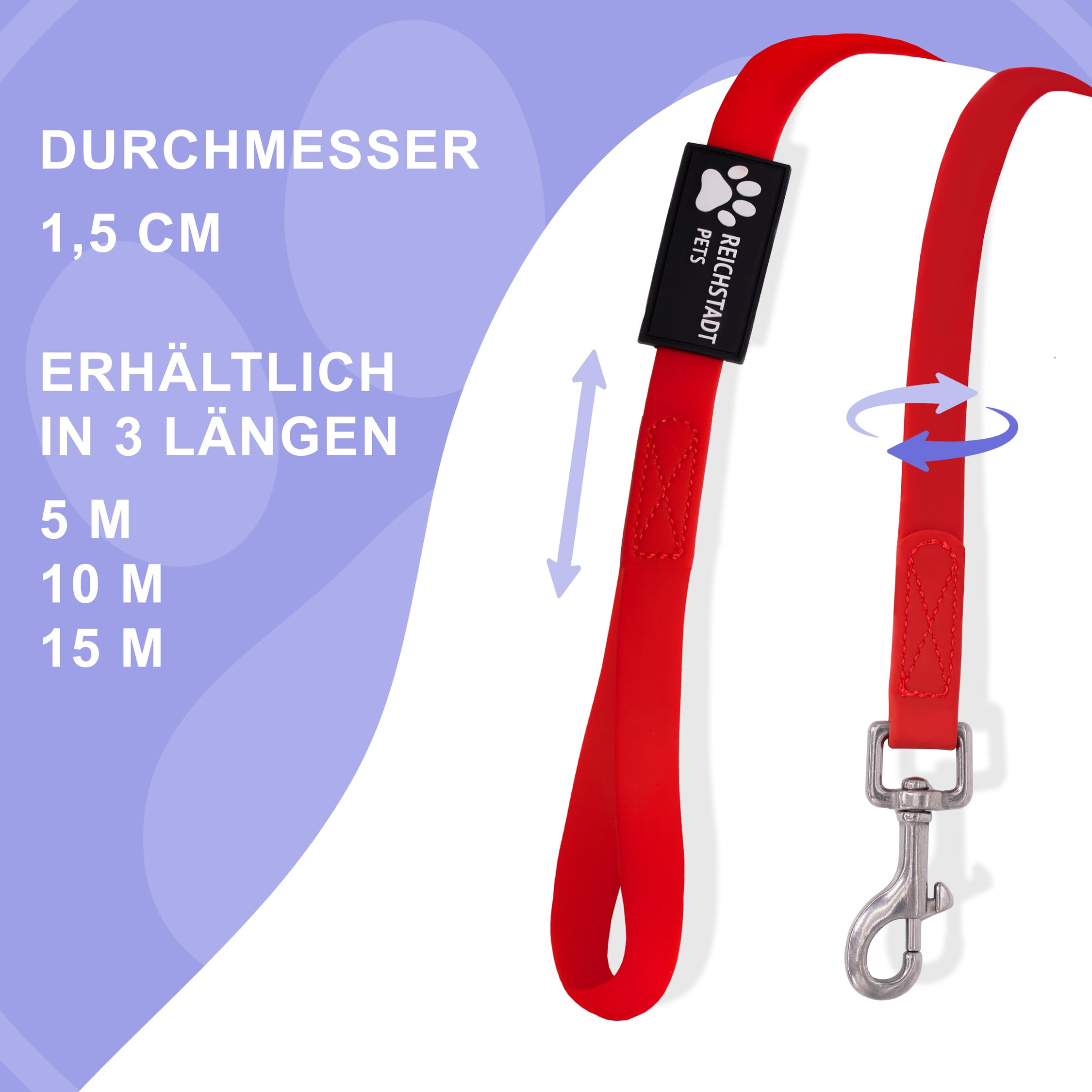 Reichstadt Pets Guinzaglio robusto in PVC per cani – impermeabile, superficie antiscivolo | Moschettone in acciaio inox a 360°, facile da pulire e resistente alle intemperie Red 15m