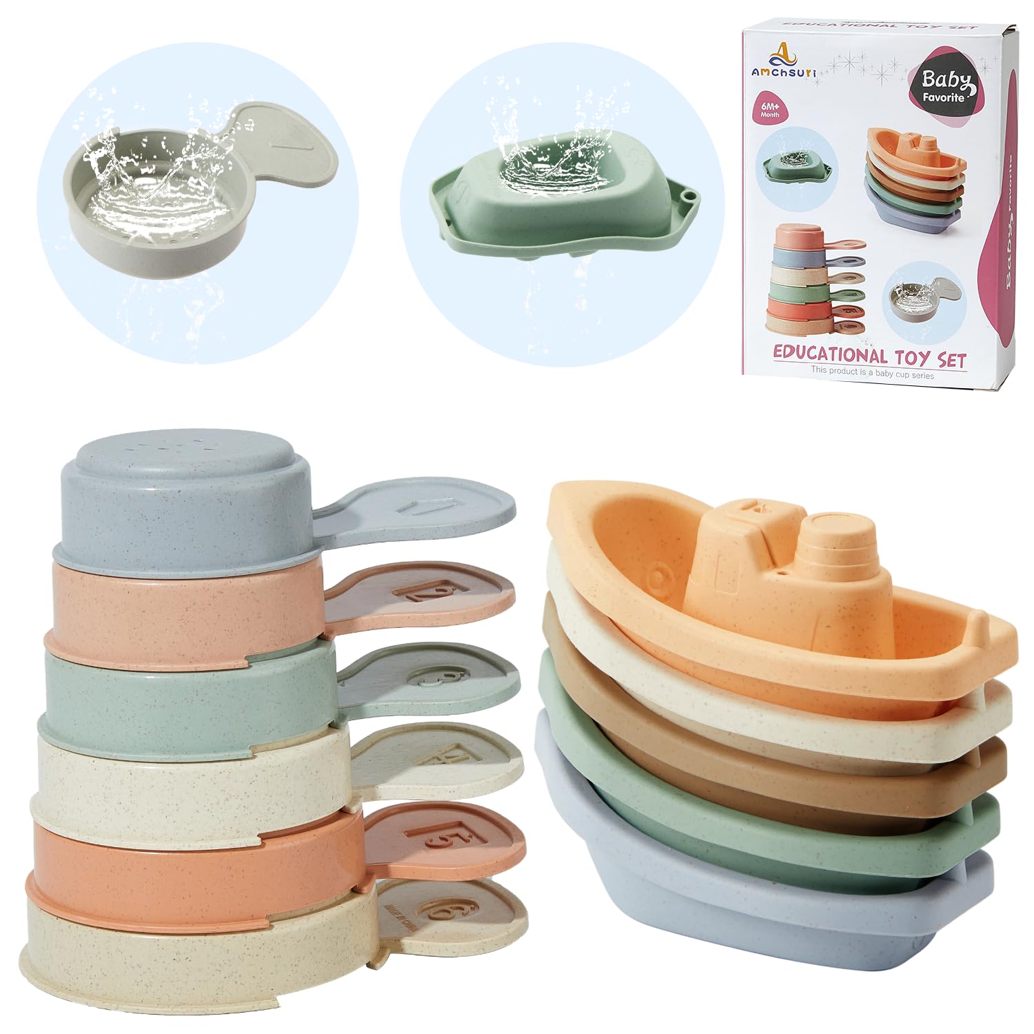 Mold-Free Bath Toys for Toddlers 1-3& Babies 6-12 Months|11PCS Stackable Boats, Numbered Spoons Non-Toxic Bathtub Toys for Water Table, Pool Play