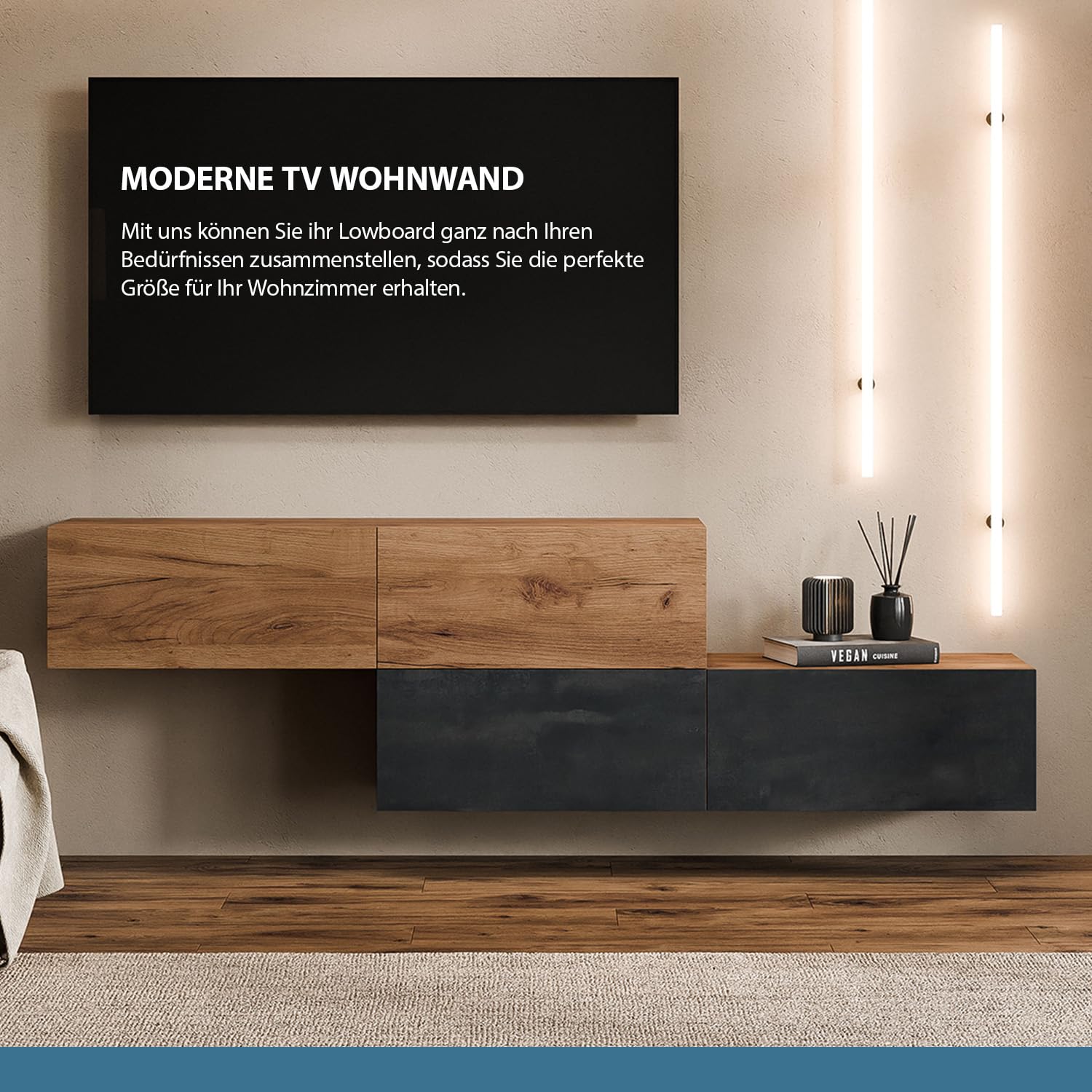 Planetmöbel TV Schrank 280 cm Wohnwand Lowboard Set für Fernseher 65 Zoll | Wohnzimmer Fernsehtisch viel Stauraum, hängend, 2x Fernsehschrank 140 x 30 x 37,5 cm, gold eiche & charcoal