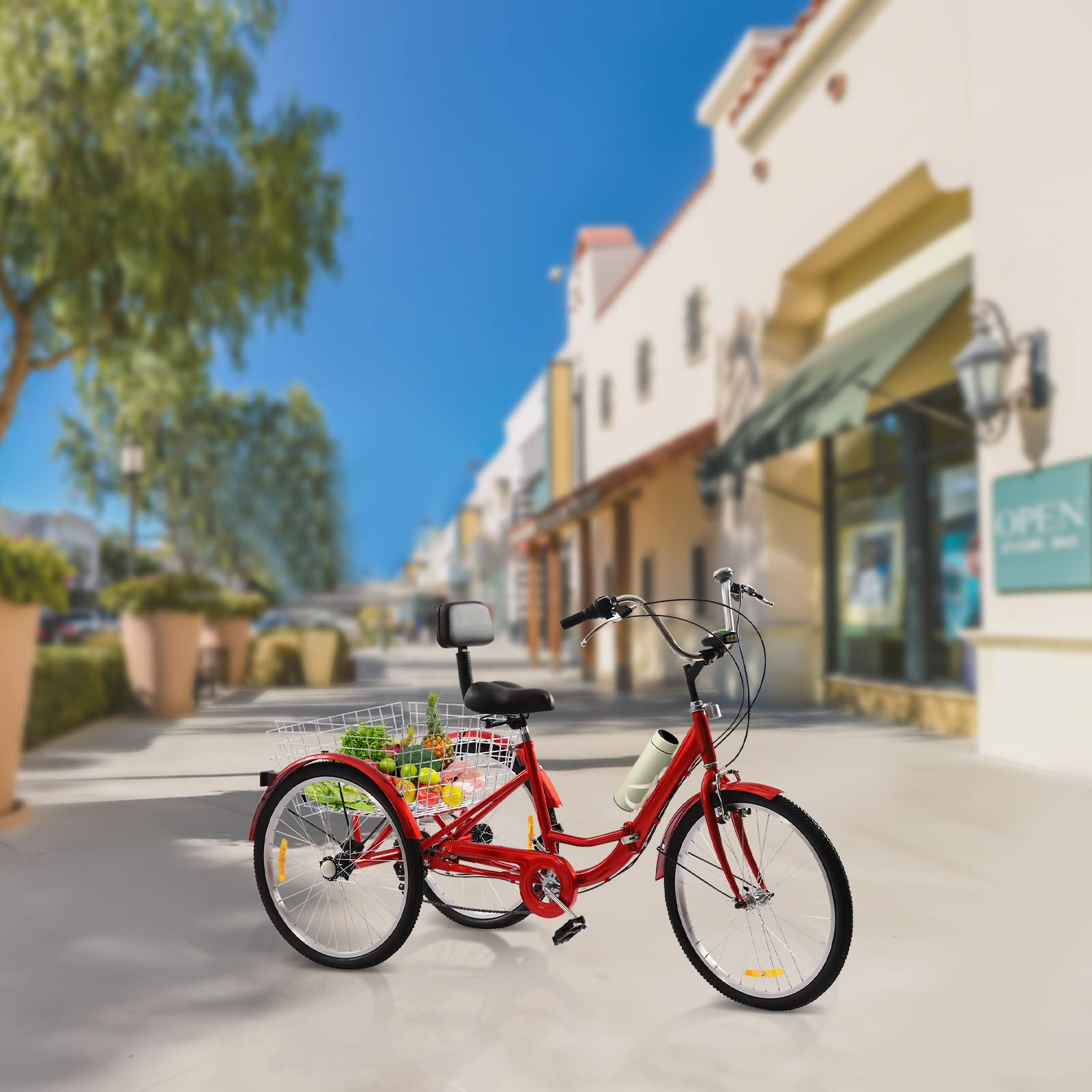 Triciclo plegable de 24 pulgadas para adultos, 3 ruedas, 7 velocidades, bicicleta para adultos, triciclo rojo, triciclo para personas mayores, ancianos, bicicleta con cesta