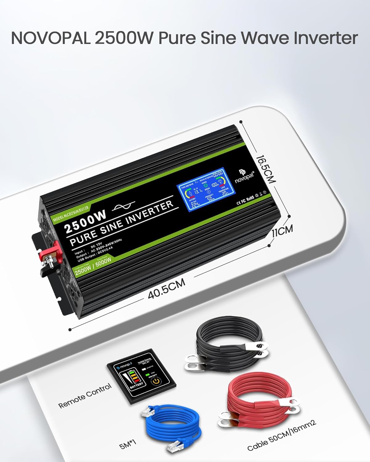 Novopal 2500W Inversor 12v 220V Onda Pura Convertidor 5M Mando a Distancia Inversor de Corriente DC Pantalla LCD Display con 2 Toma AC & 2.4A USB Puerto — view 7