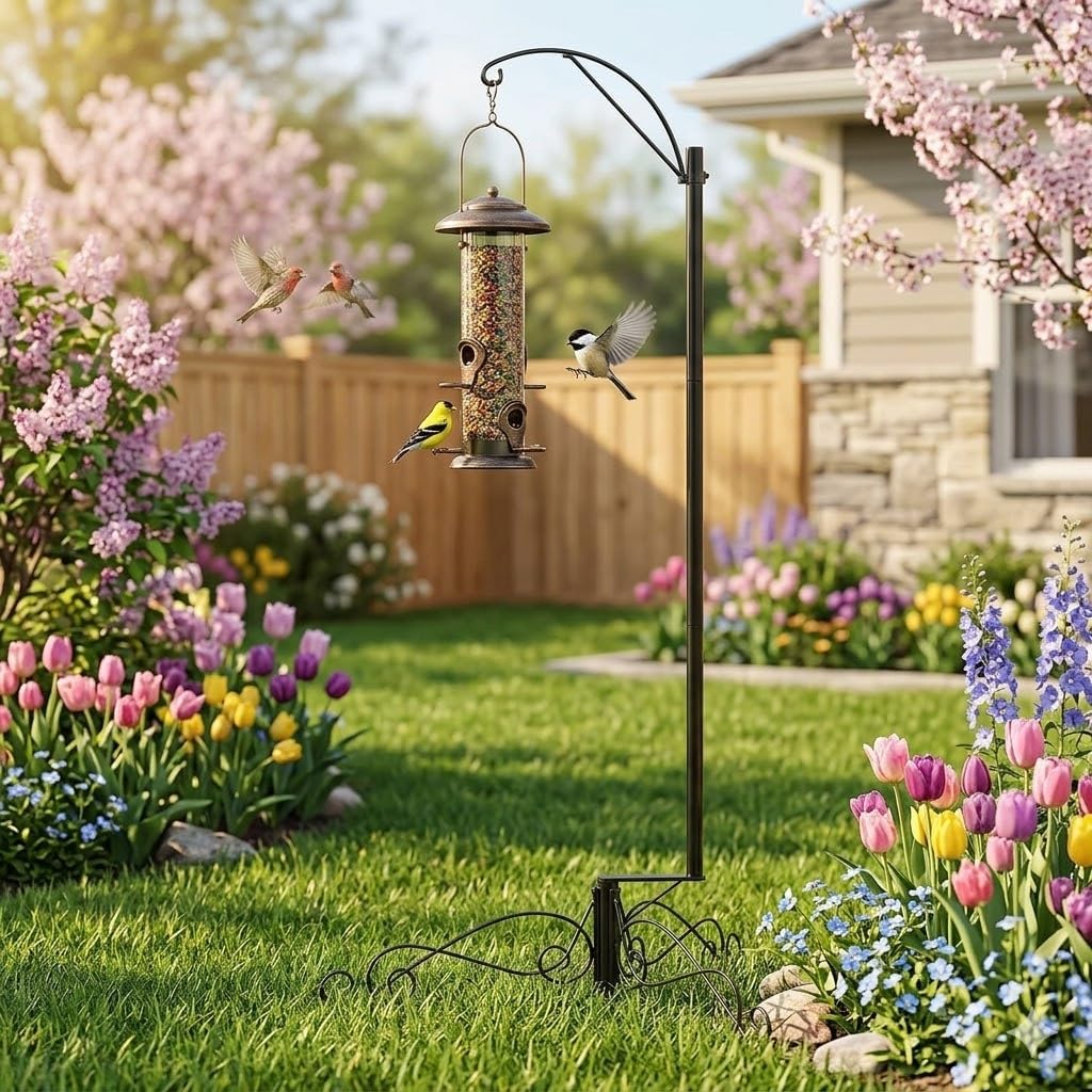 HOHIYA 61″ Heavy Duty Shepherd Hook Bird Feeder and Cage Stand for Garden Patio Backyard Solar Light Hook and Hanging Cages Compatible Black Powder Coated Weather-Resistant