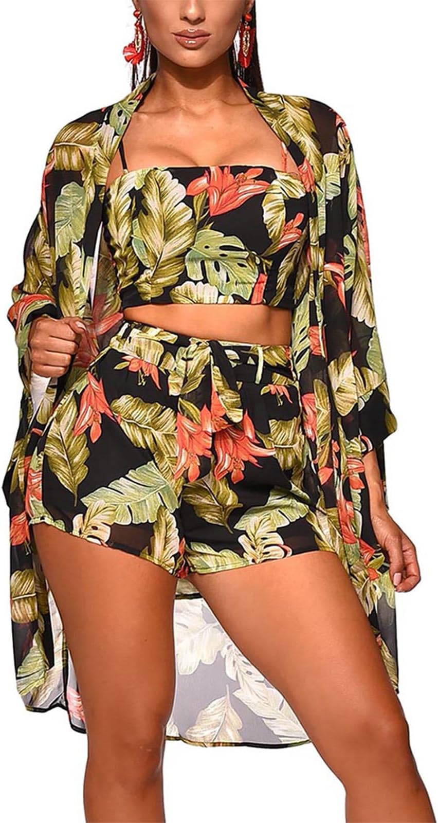 KEYUFANGWomen 3 Piece Vocation Outfits Summer Suit Floral Kimono Cardigans Beach Cover Up Crop Cami Top Short Set