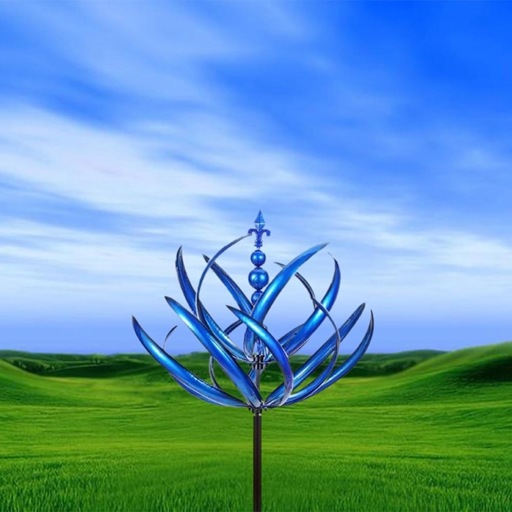 Girandola a vento a 360°, girandole da giardino, in metallo, con paletto da giardino, decorazione artistica per patio, prato e giardino (blu)