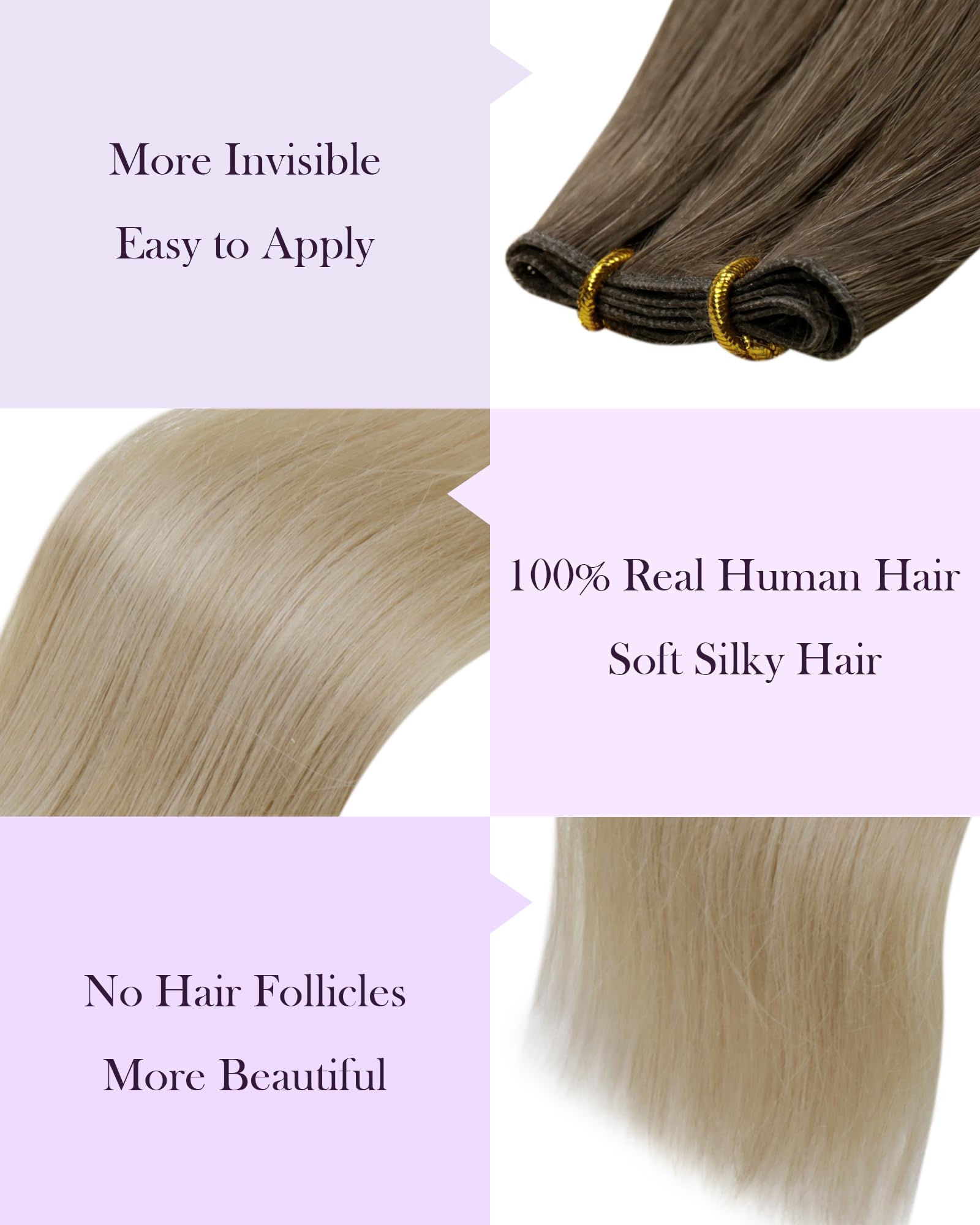 LaaVoo Undetectable Weft Hair Extensions Real Human Hair 20 Inch 60g Balayage Light Brown to Ash Blonde & White Blonde Seamless Double Weft Weave Remy Extensions #8/18/60 - Image 4