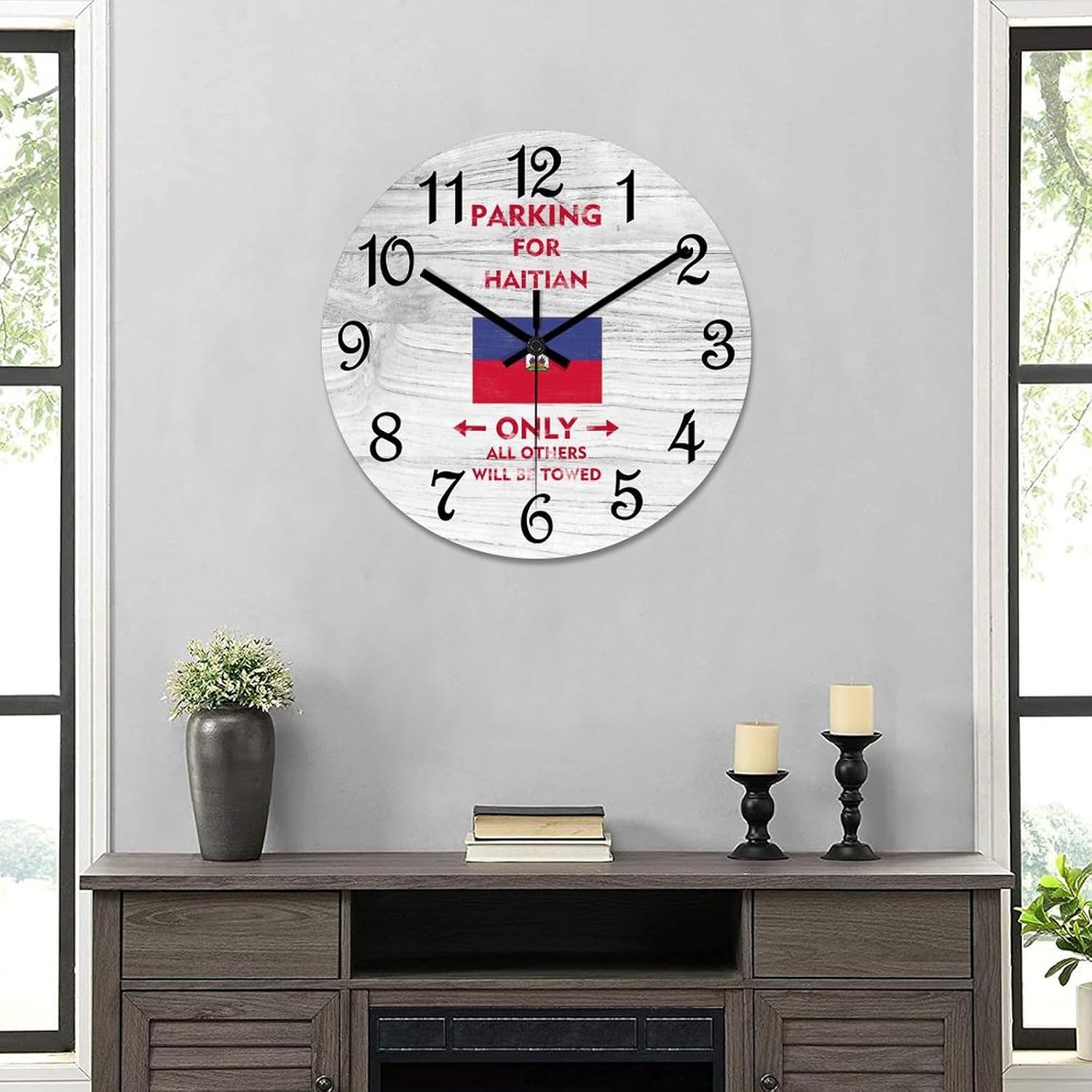 15 Inch PVC Wall Clock Haiti Flag Digital Wall Clock Parking for Haitian Only All Others Will Be Towed Large Clock Wall Decorations for Bedroom Office School Decorations