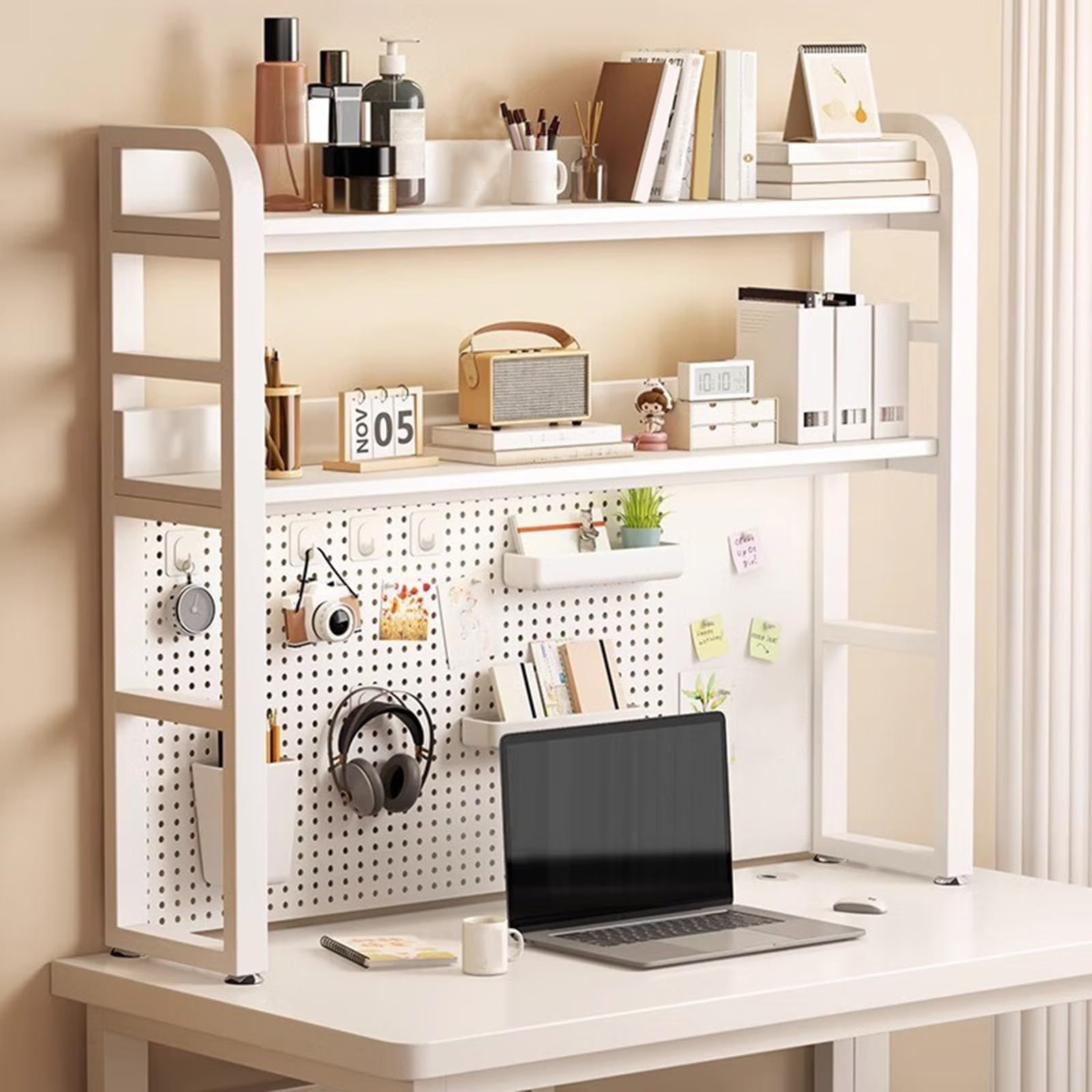 3 Niveles Estanteria Sobremesa con Placa de Agujero, Organizador de Estantería de Escritorio para Computadora, Estante de Escritorio de Almacenamiento Multiusos para El Hogar, Dormitorio