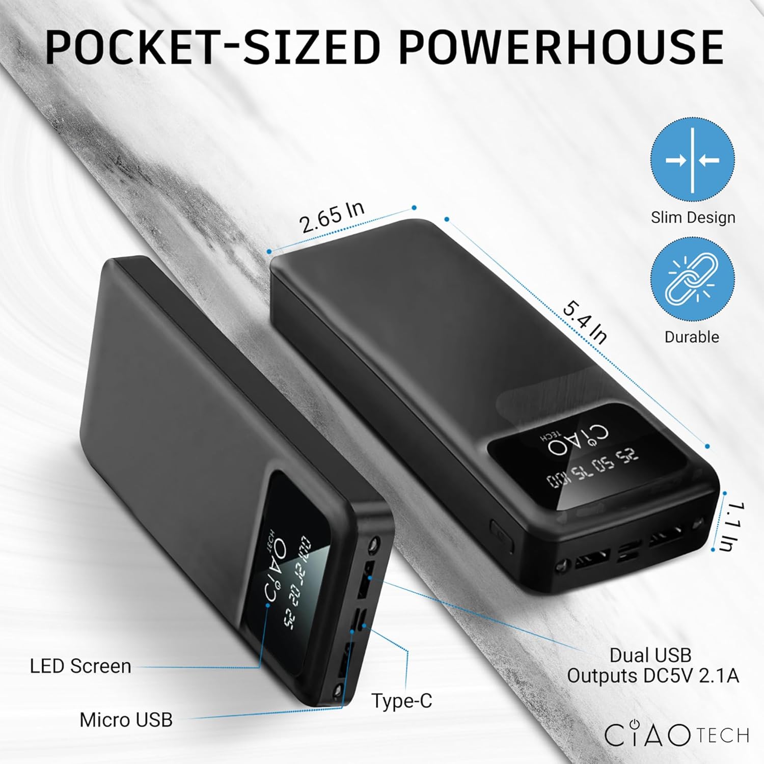 Diagram showing dimensions and ports of the CIAO TECH Portable Charger Power Bank
