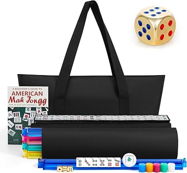 American Mahjong Tile Set, Mah Jong Set Complete with Bag, 166 White Tiles with Golden Dices for Travel, 4 All-in-One Mahjong Racks with Pushers Black