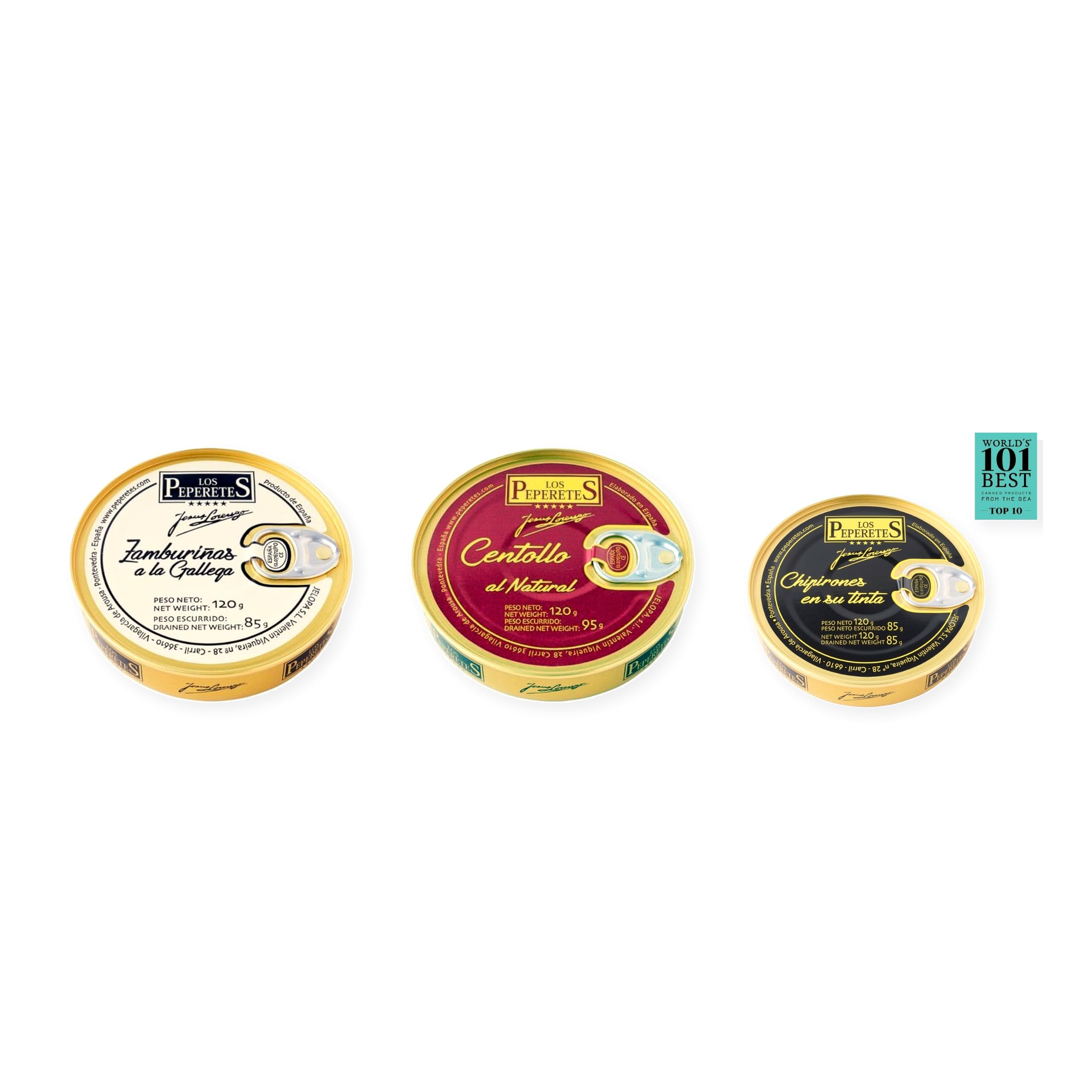 los peperetes conservas Zamburiñas Gallega, Centollo Natural y Chipirones Tinta 120g pack 3 latas