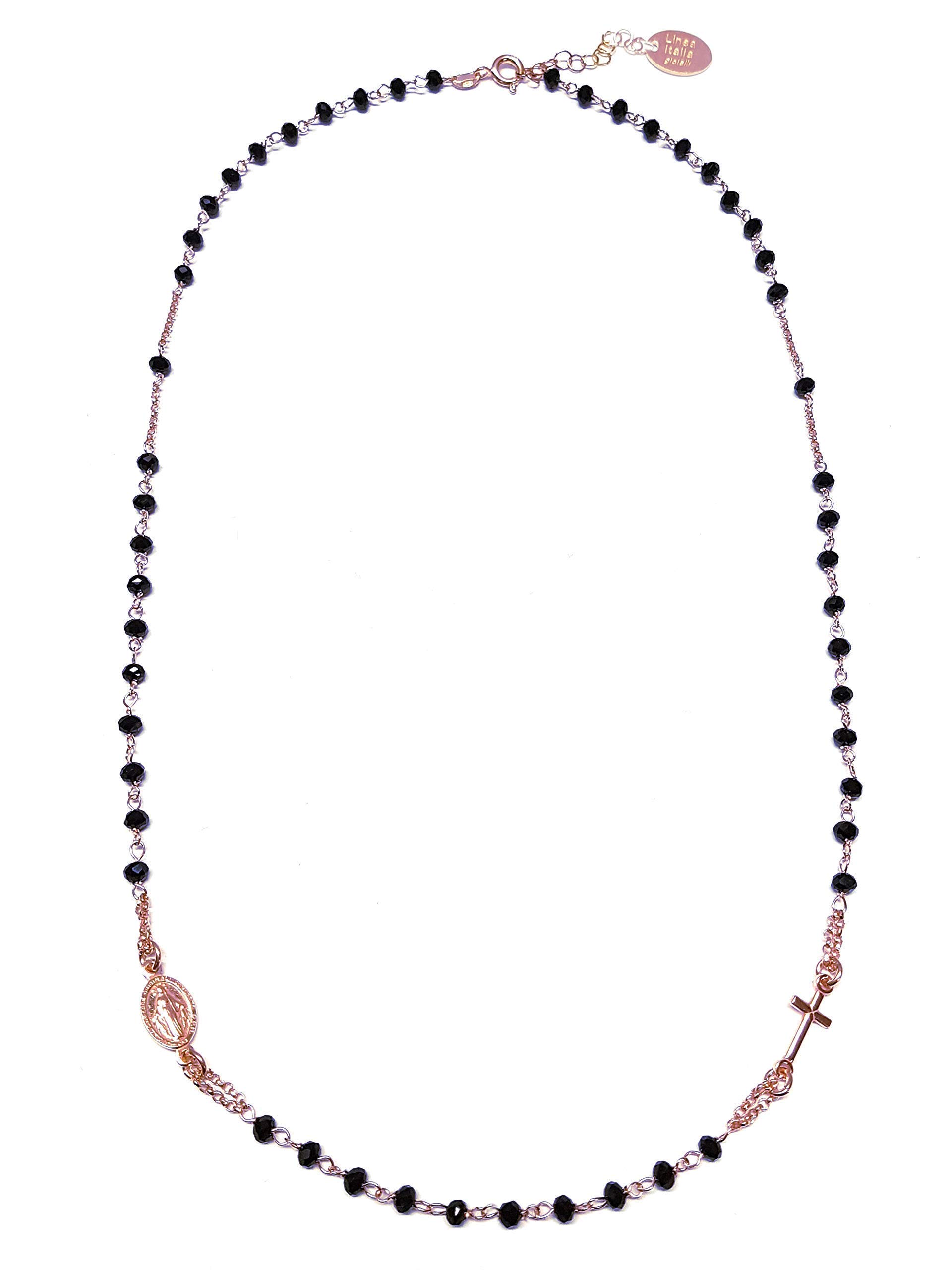 Linea Italia Gioielli - Collana Rosario Girocollo per Donna in Argento 925 Placcato Rosa con Perline Nere, Croce e Medaglietta Madonna - Linea Italia Gioielli Made In Italy