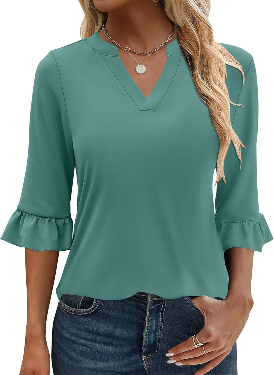 ANRABESS Blouses for Women Dressy Casual 3/4 Sleeve V Neck Shirts Business Work Tunic Tops 2026 Fall Outfits Clothes