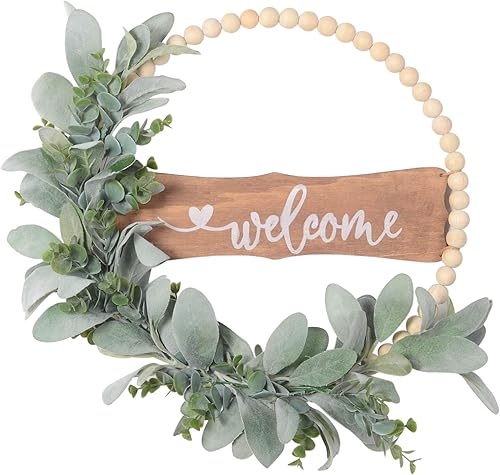 Letrero de bienvenida para corona de puerta delantera, 16 pulgadas, cuentas de madera de granja, corona de eucalipto, corona de puerta de primavera