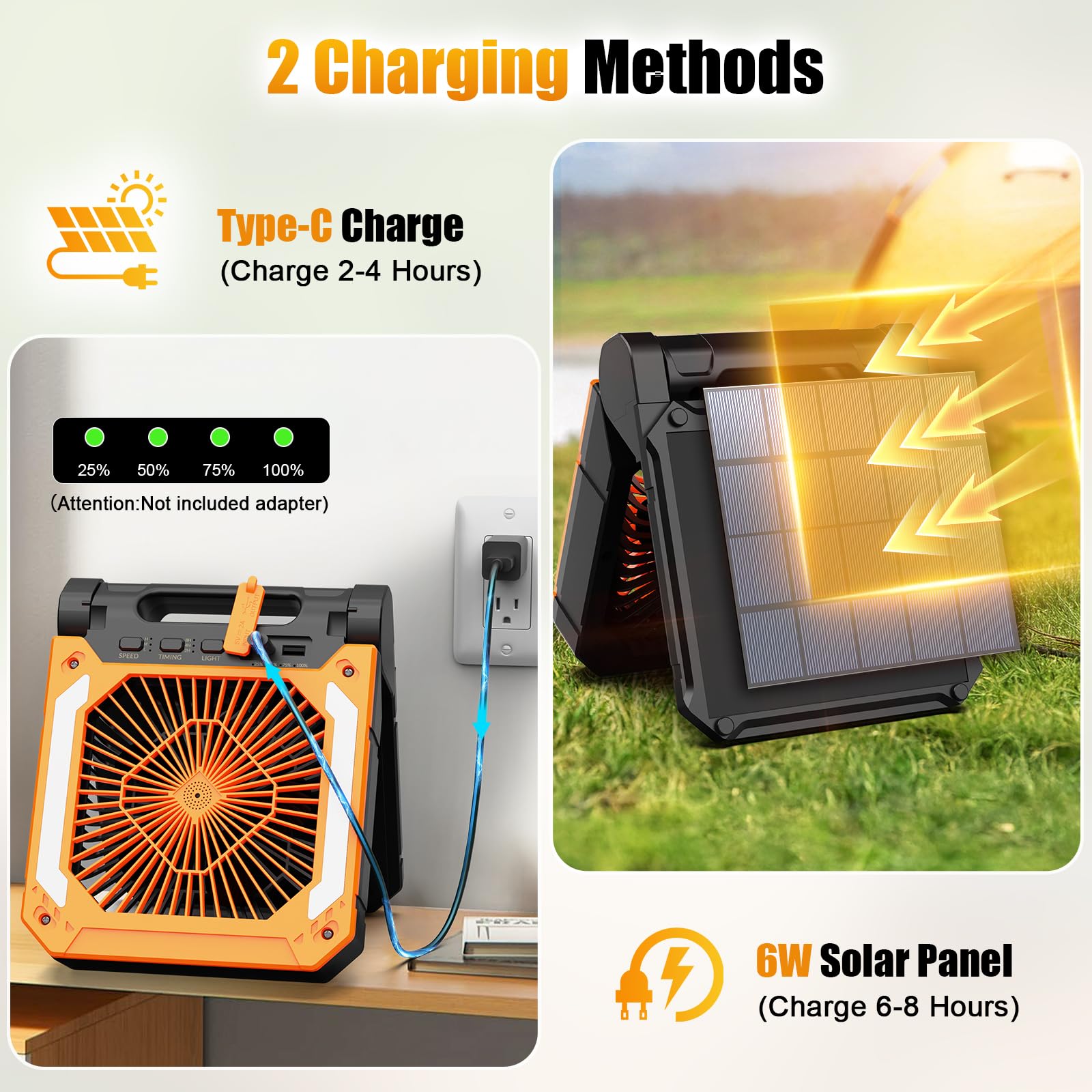 Ventilateur solaire de camping - 20 000 mAh - Rechargeable - USB - Avec lumière LED et crochet - Clip à piles - Pour extérieur, camping, panne de courant, pêche, ouragan