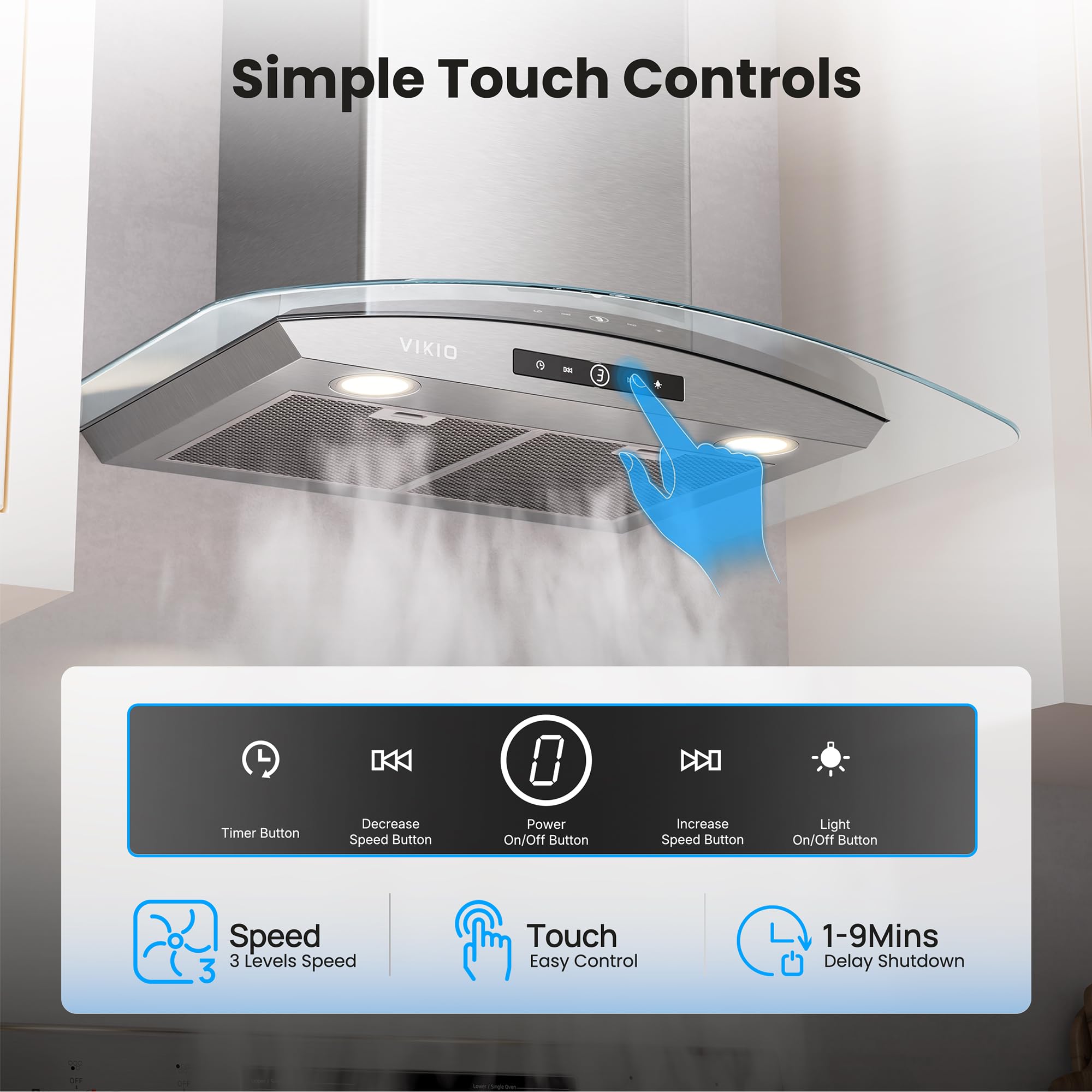 VIKIO HOME 30 Inch Wall Mount Range Hood, 450 CFM Dual Inlet, Curved Glass Kitchen Vent Hood, Ducted/Ductless Convertible, 3-Speed Touch Control, LED Lights, Stainless Steel - 5
