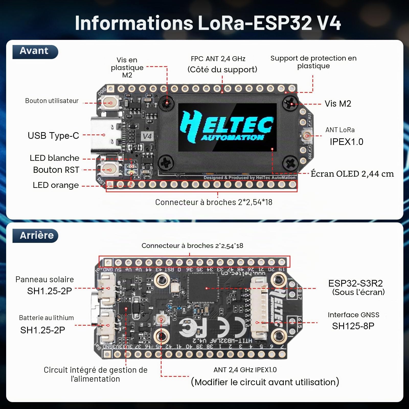 Binghe Lora ESP32 V4 Board avec Meshtastic Lora ESP32 V4 WiFi Bluetooth avec GPS / 868MHz Antenne et 3000mah Les Piles 0.96″ OLED Display 1262 Chip ESP32-S3R2 MCU 16M Flash avec Arduino Meshtastic