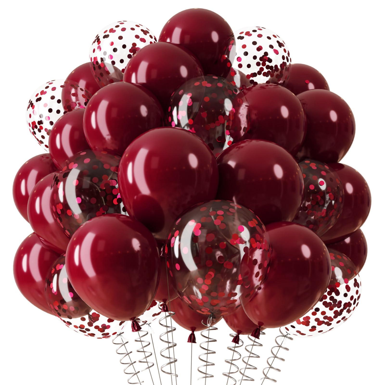 QIFU Metallic Burgundy Balloons - 12 inch Dark Red Latex Balloons with Burgundy Confetti Balloon Chrome Maroon Balloon Helium with Ribbon for Burgundys Birthday Decorations Bachelorette Party Wedding