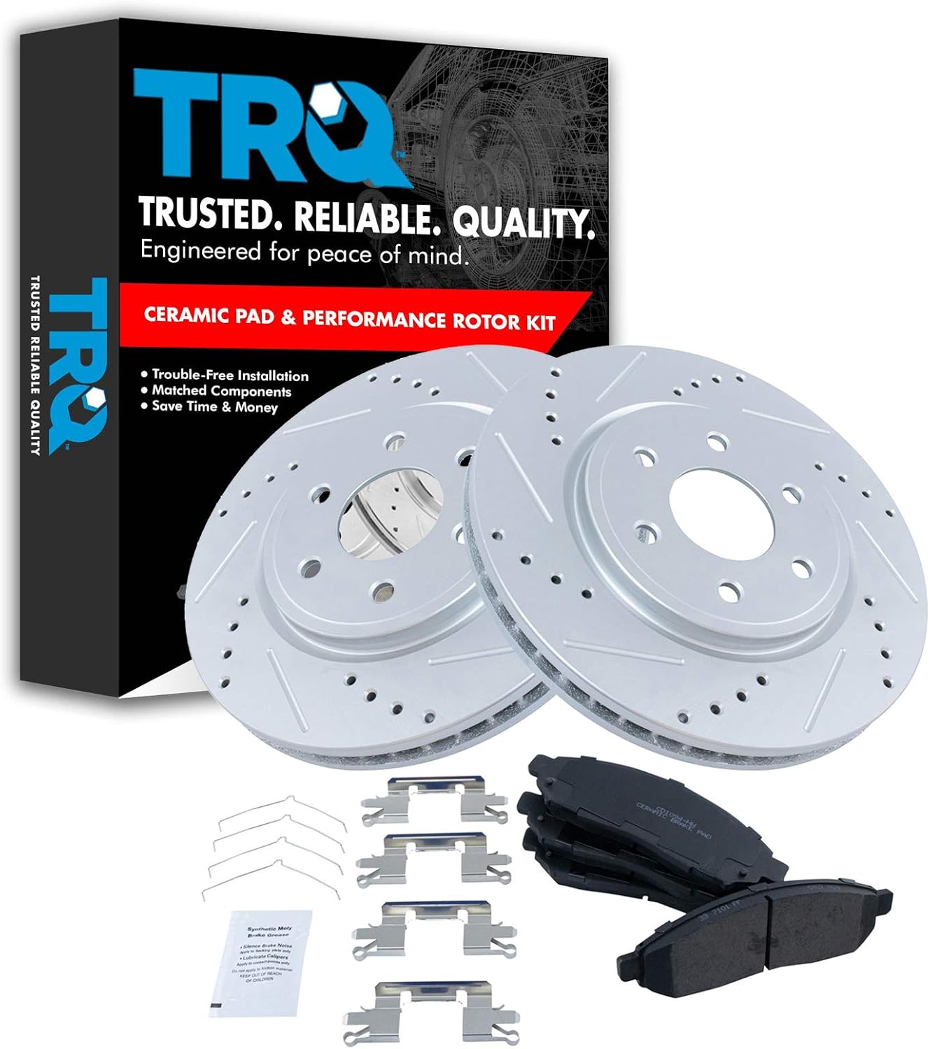 TRQ Brake Rotor Drilled & Slotted Coated & Ceramic Pad Front Set for Nissan