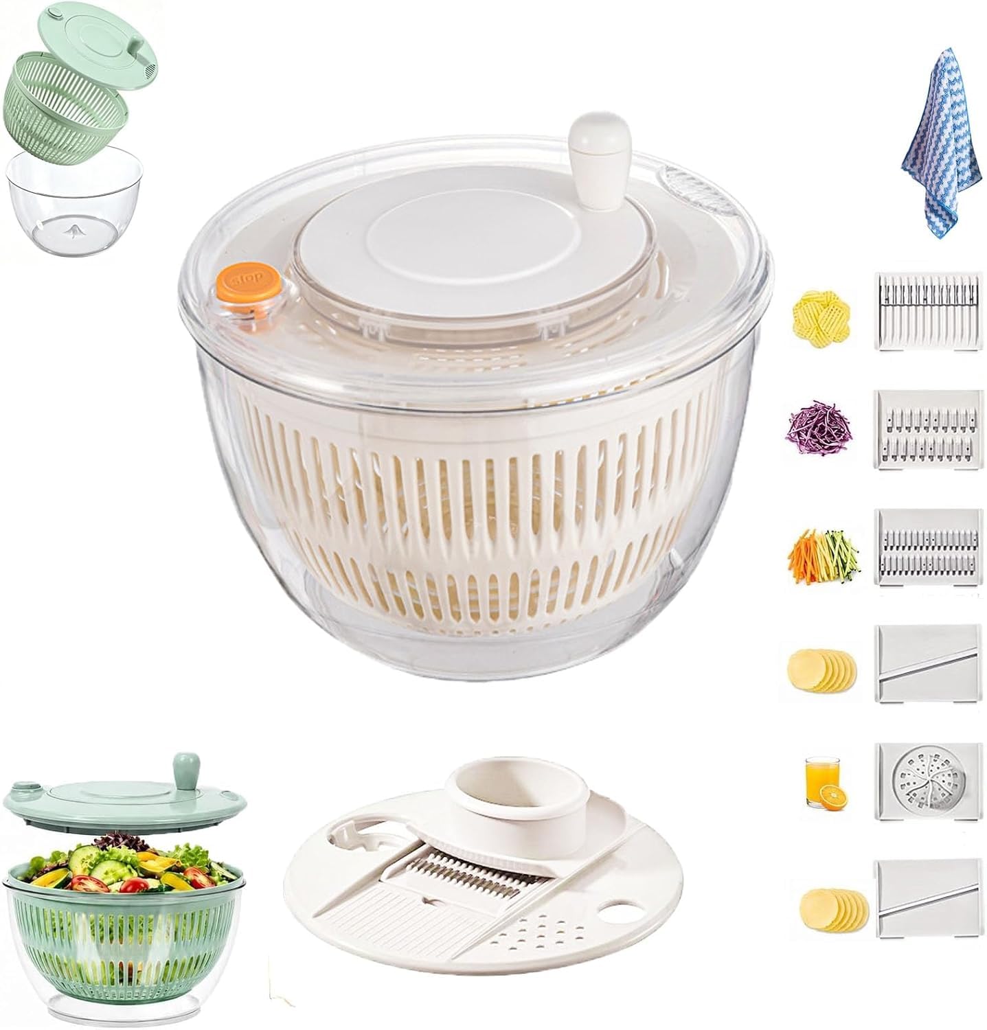 Centrifugadora multifuncional 5 en 1 para ensaladas y preparación de verduras con 5 cuchillas, capacidad de 5 litros y funcionamiento manual.
