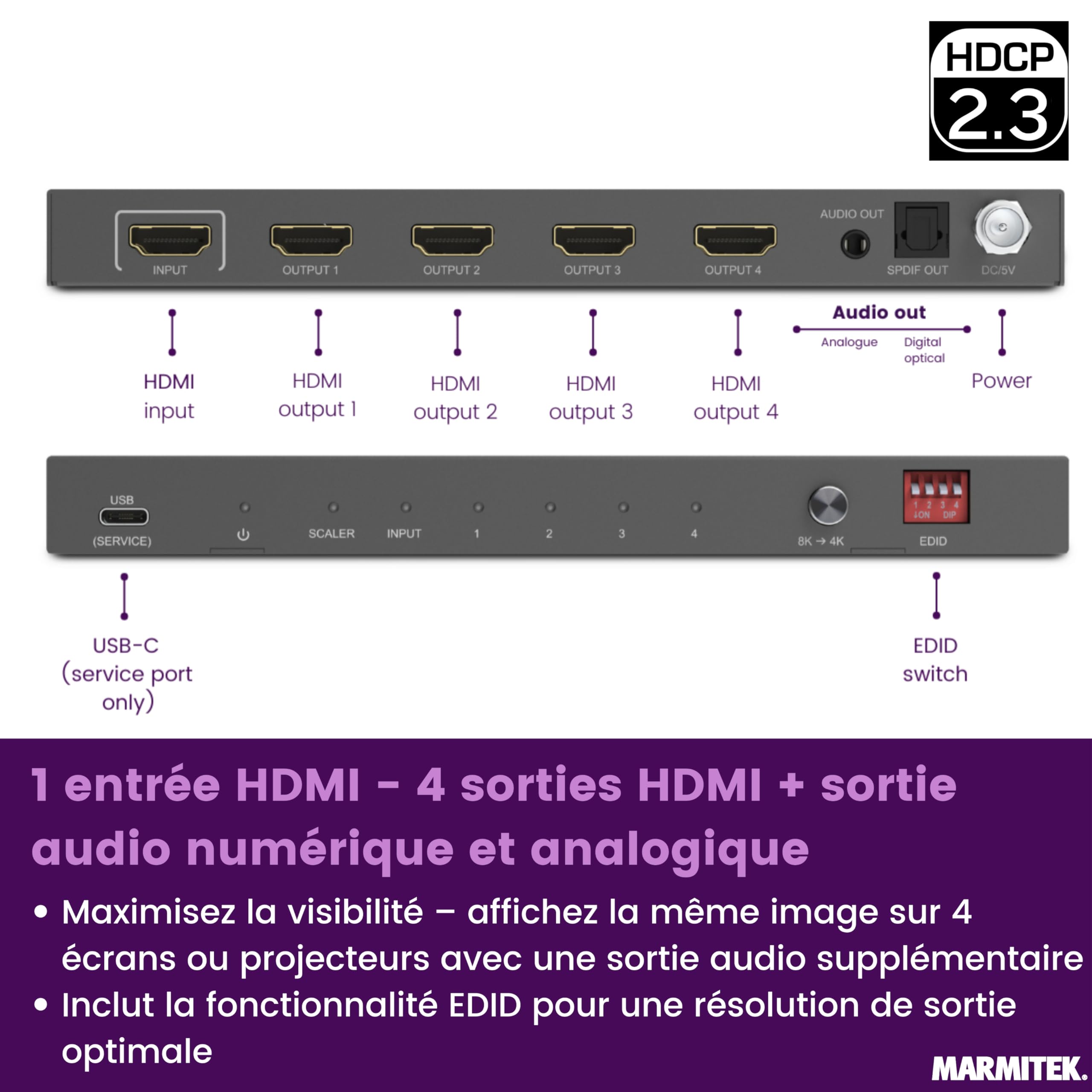 Marmitek Split 814 Pro - Splitter HDMI 8K - Répartiteur 1 entrée 4 Sorties | Répartiteur HDMI pour TV et projecteur avec HDMI 2.1, 4K120, HDR, 48Gbps, extracteur audio, commutateur EDID et DTS-HD