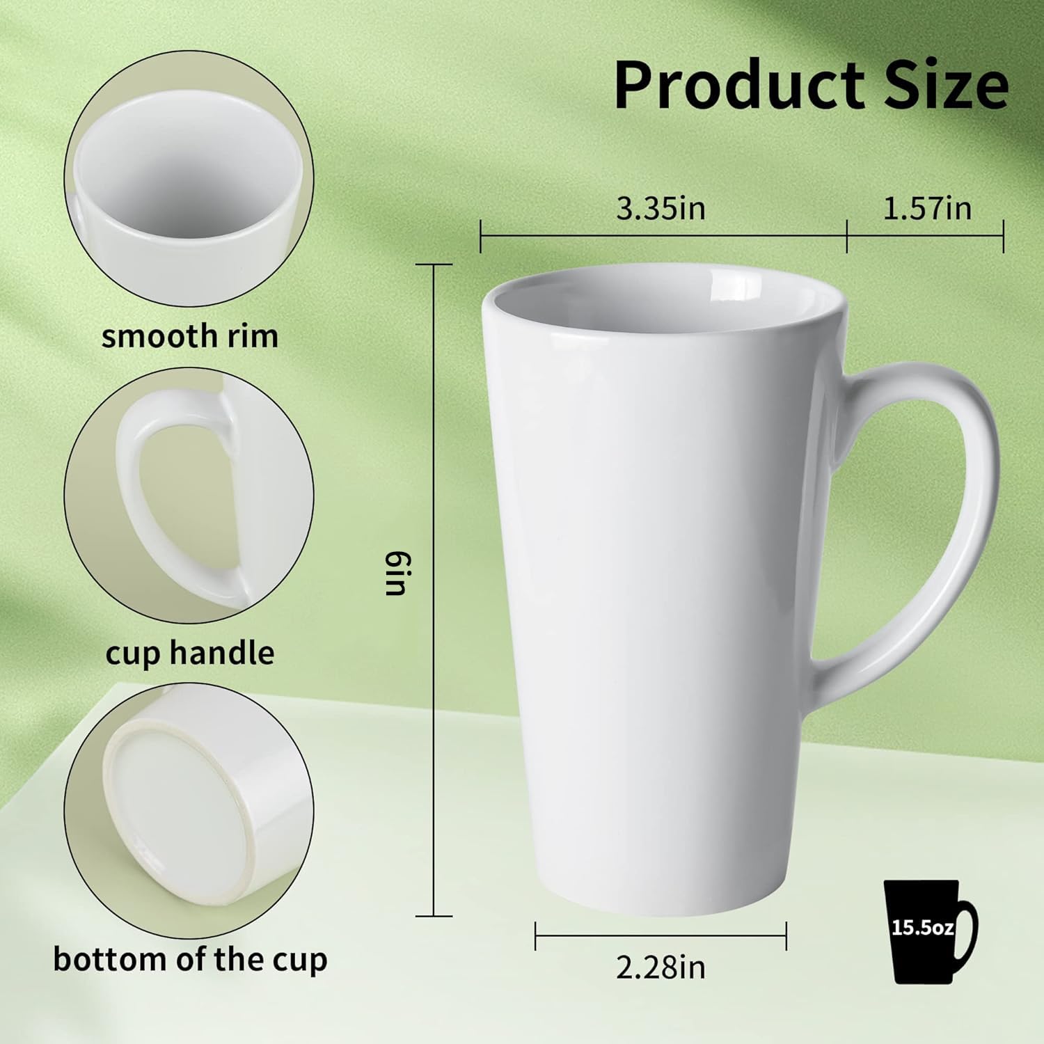 BYCNZB Juego de 4 tazas de café altas de cerámica con embudo blanco de 16 onzas para café, té, cacao, latte, leche