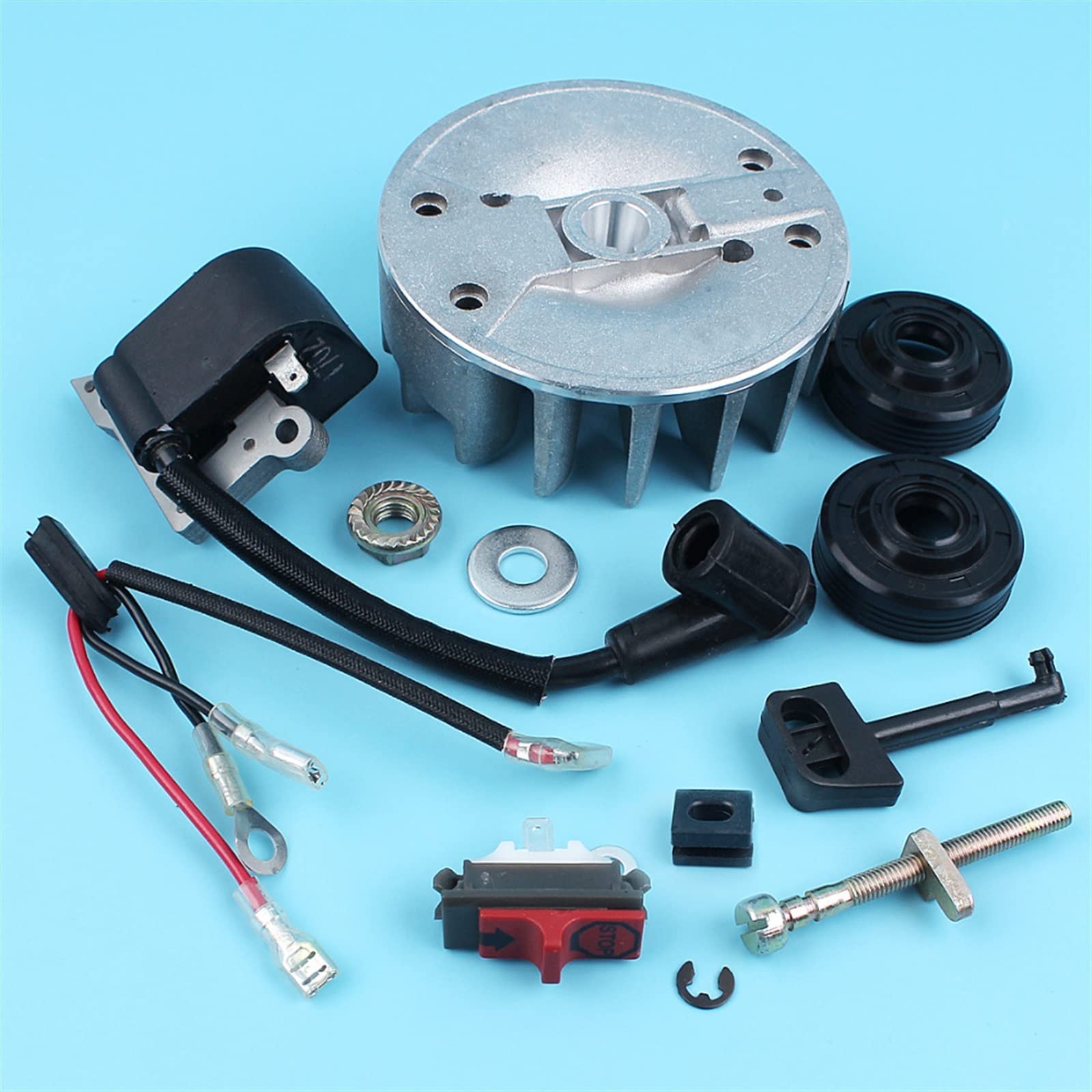 Flywheel Kill Switch Bobina de Encendido Tensor de Cadena Sellos de Aceite Aptos for Husqvarna 137 137E 142 142E Motosierra con Palanca de estrangulación de Tuercas