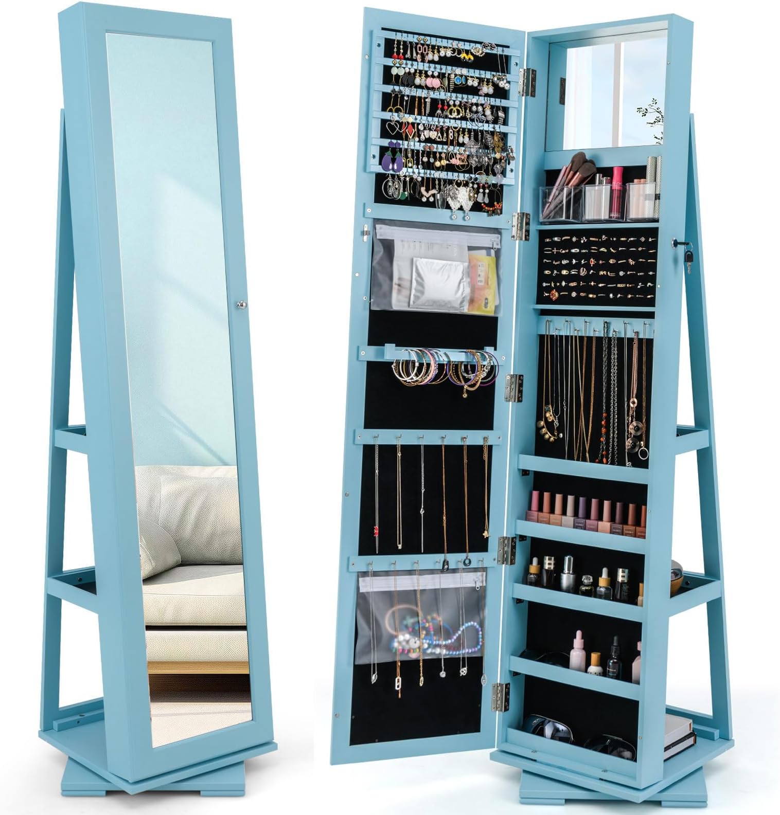 CHARMAID 360° Swivel Jewelry Armoire with Full Length Mirror, Standing Lockable Jewelry Cabinet Organizer, Large Storage Capacity, Inside Makeup Mirror, Back Storage Shelves (Sky Blue)