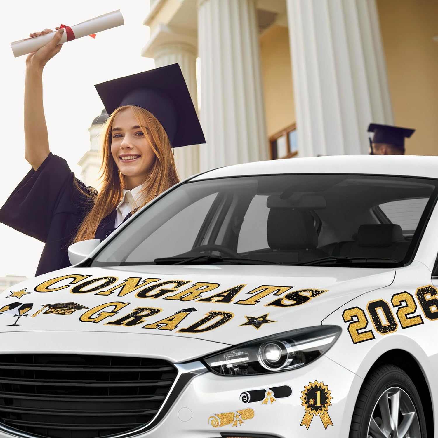 Graduation Car Decoration 27pcs Class of 2026 Grad Decor Car Magnetic 20'' PVC Inflatable Graduation Cap Car Decoration for Car Roof High School Senior College Prom Party Decor(Black, Gold)