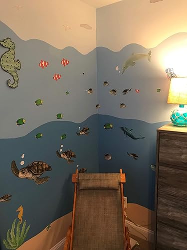 Miniatura 9 de Calcomanías de pared de océano de la familia de delfines, peces, calcomanías de decoración submarina para habitación de los niños, calcomanías de