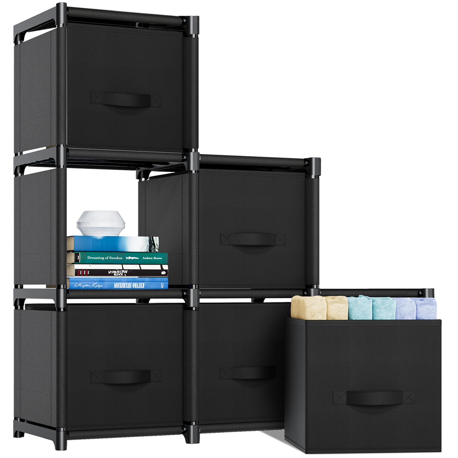 Mavivegue 6-Cube Storage Unit with Storage Drawers, Cube Organizer for Bedroom,Wardrobe & Under Stairs, DIY Closet Organizer for Clothes/Toys, 96×91×31.5cm Compartments, Space-Saving Black