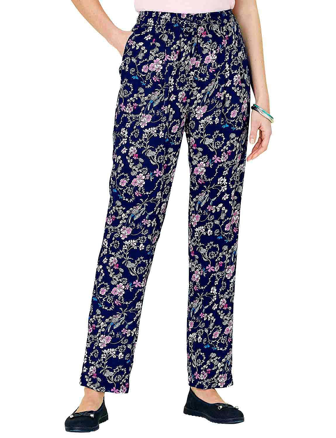 Amber Ladies Viscose Print Trousers with Elasticated Drawcord Waist Navy Floral Print 22