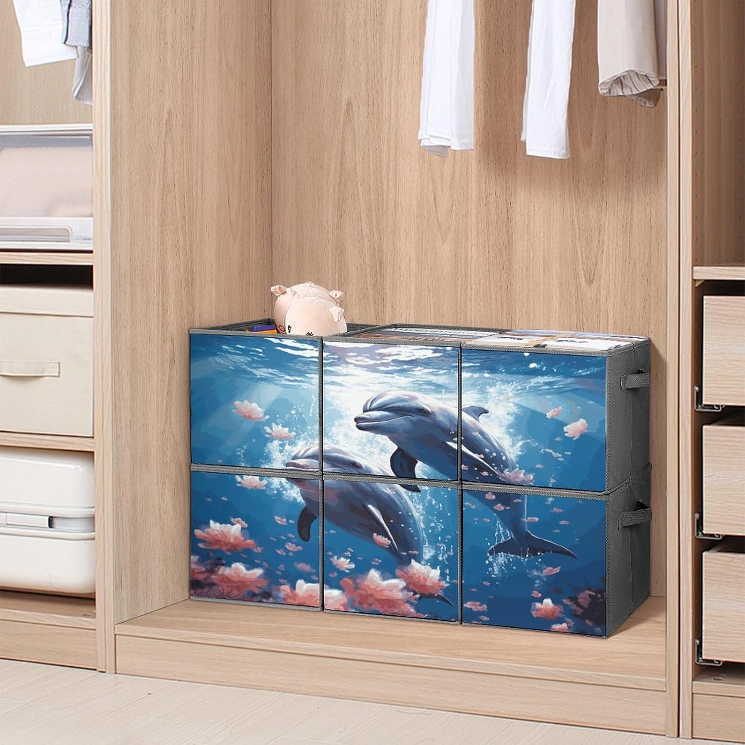Multi Use Organizer Bins, Dolphins in Love Printed Storage Bins, Foldable Storage Baskets Are Suitable For Bedrooms, Offices, And Cars