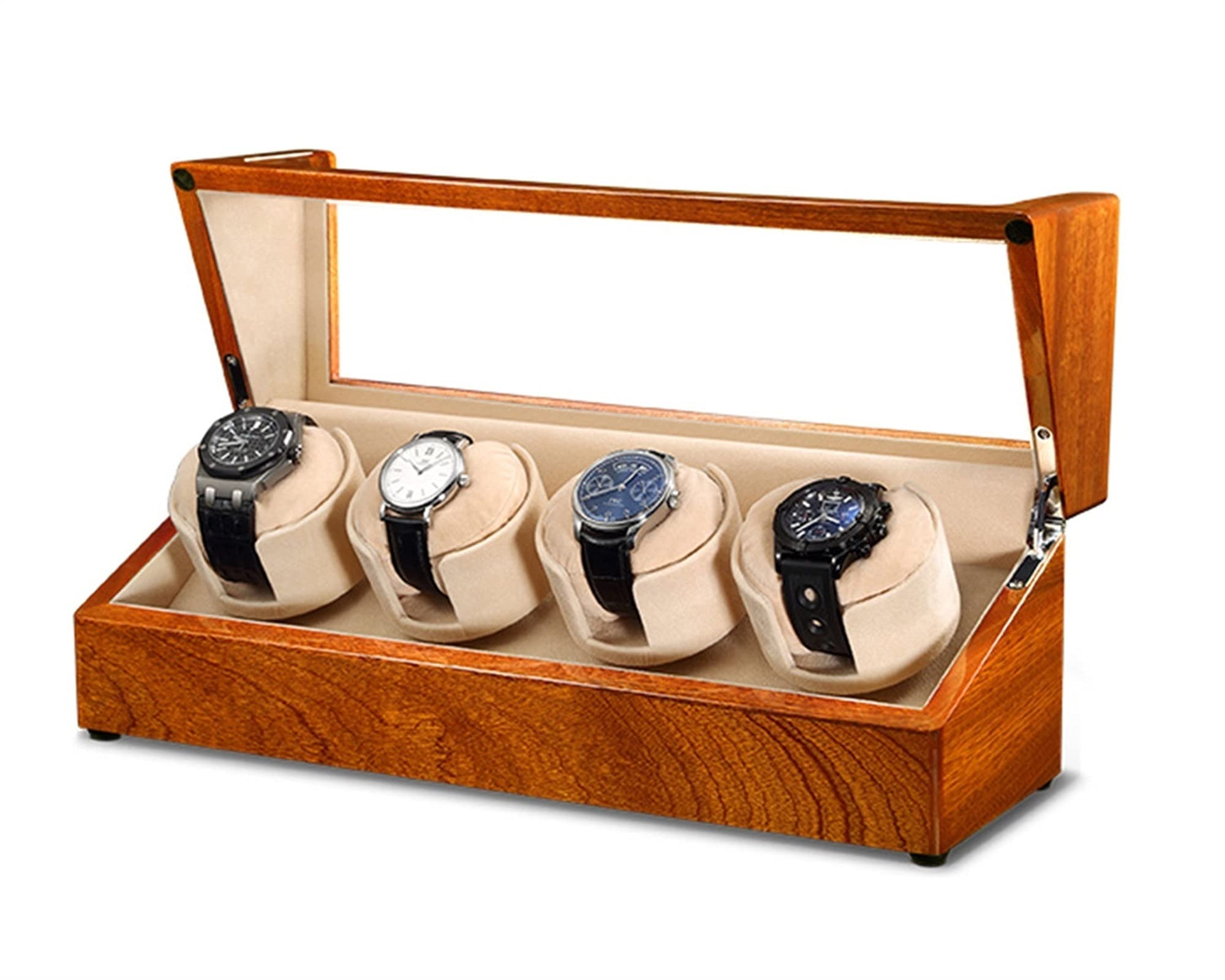 QUSYZD Watch Display Box Watch Winder for 4 Storages Wood Shell Piano Paint Exterior and Extremely Silent Motor, with Soft Flexible Watch Pillow,Beige-4+0