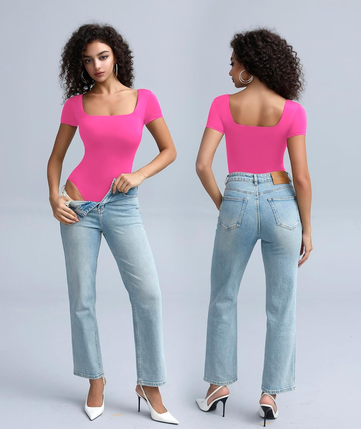 Mobeso Women's Sexy Square Neck Double-Lined Bodysuits Short Sleeve T-Shirts Body Suits Summer Slim Fitted Tops - Image 6