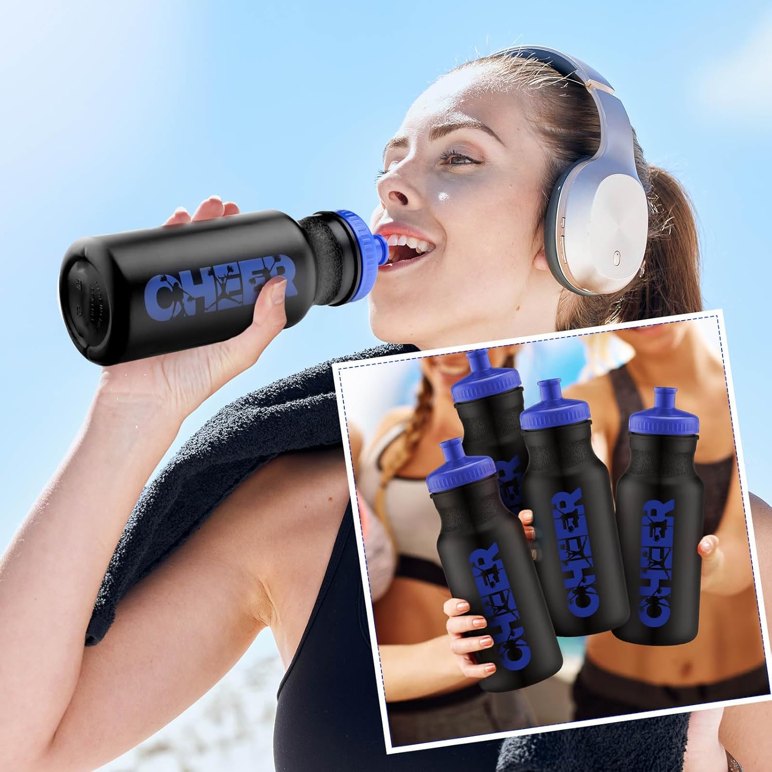 Hushee 12 Pack Cheerleading Water Bottles Bulk 20 oz Reusable Plastic Squeeze Sports Water Bottles with Pull Top Lid for Cheer Team Party Supplies Youth Teenage Gifts Sports(Black and Blue)