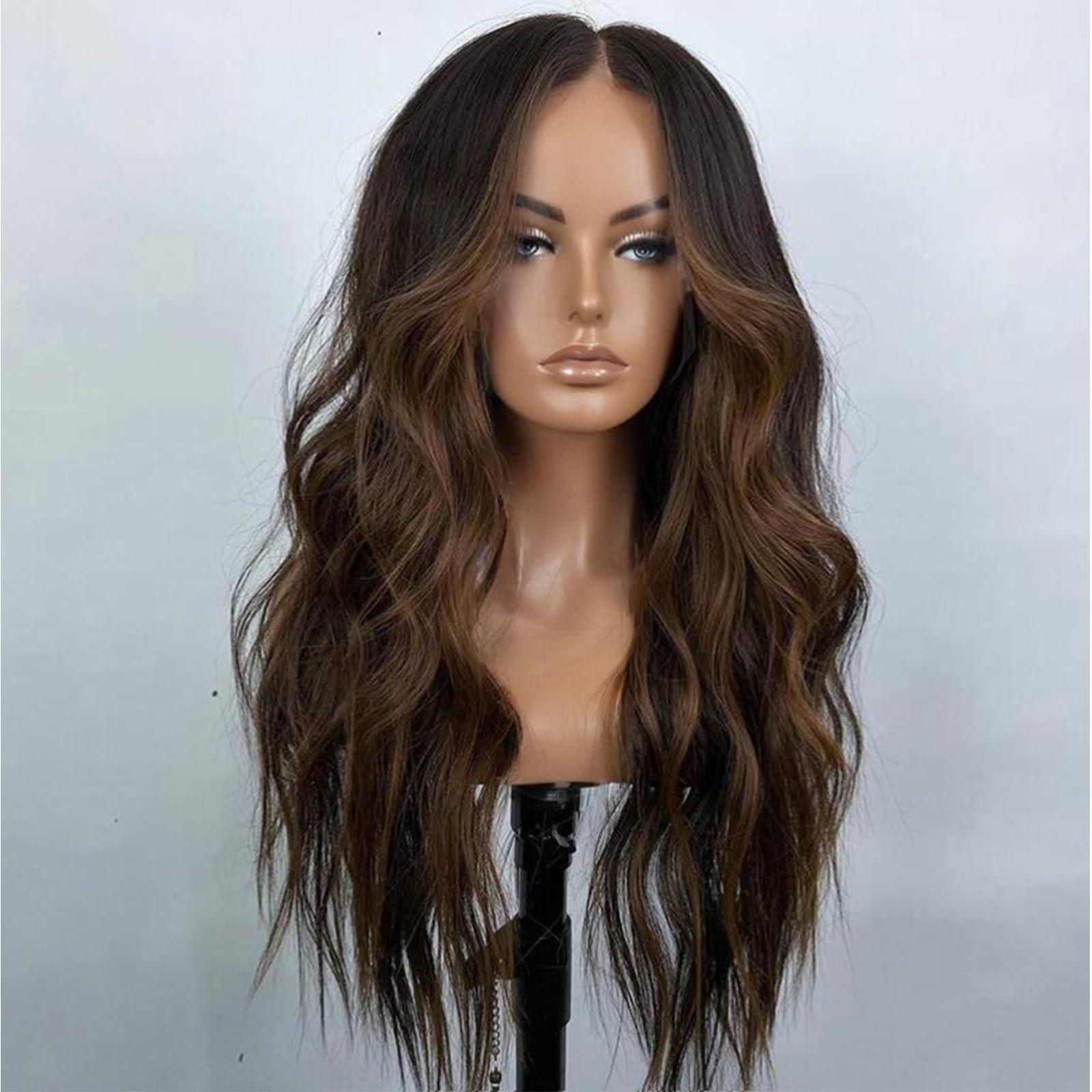 XCCOCO Brown Highlight Wig Long Wavy Wigs for Women Natural Wavy Curly Synthetic Lace Front Wig Middle Part 26inch Heat Resistant Fiber Wig for Daily