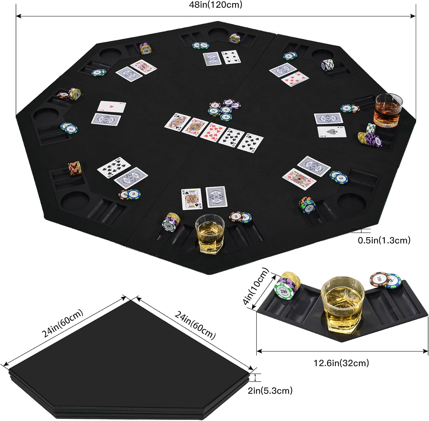 48" 8-Player Foldable Poker Table Top Black, Casino Texas Hold'em Layout, Portable Anti-Slip Blackjack Poker Table Mat with Carrying Bag for Family Games Casino