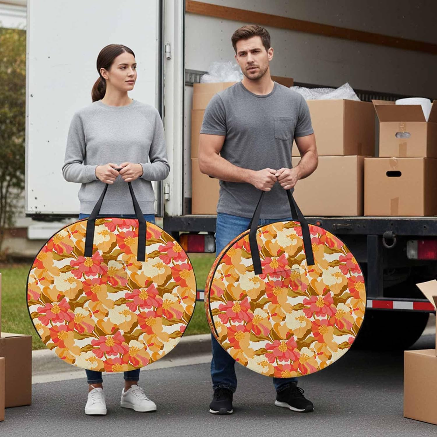 Storage Bag Orange Pink Peony Flowers Round Storage Totes Bins Closet Organizers with Zippers & Handle Floral Plant Clothes Storage Container for Bedroom Dorm Space Saving Packing Supplies Moving Bags