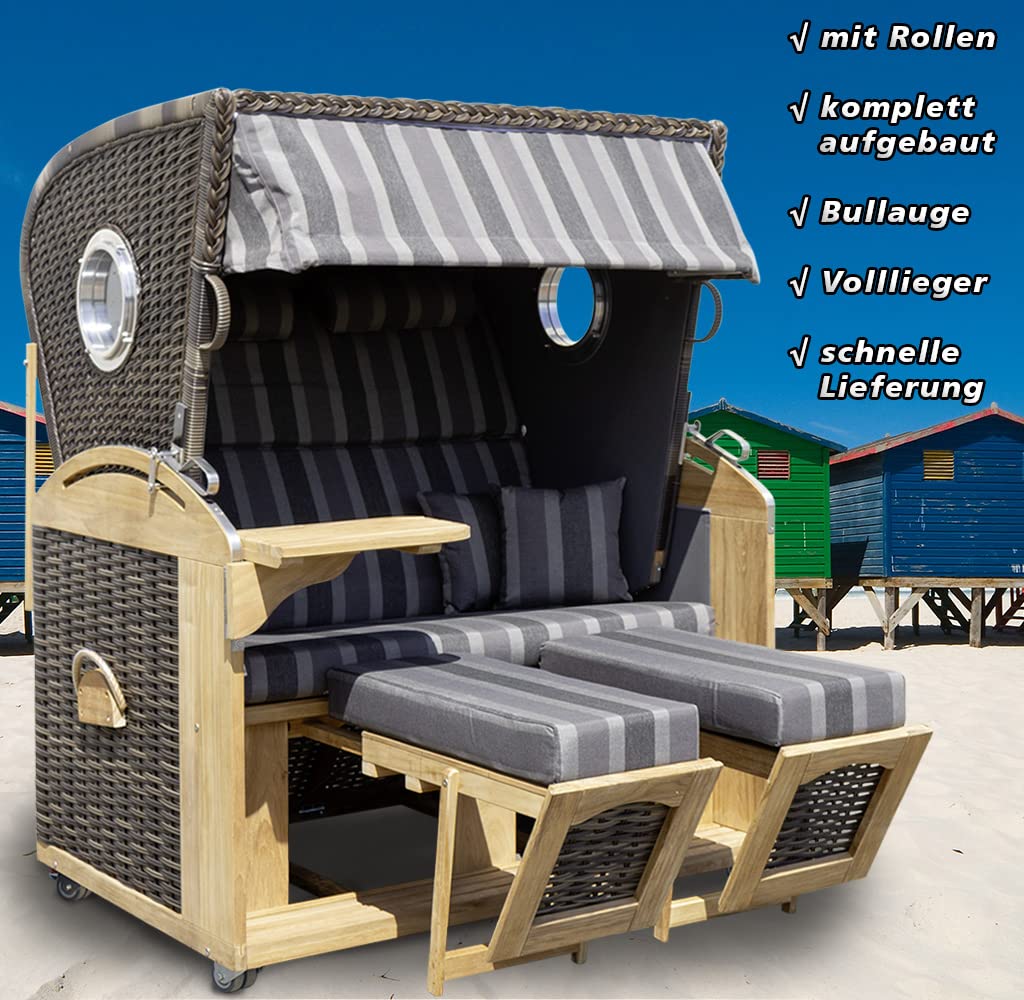 Strandkorb Teak XL 2-Sitzer aufgebaut mit Bullaugen Lifter Rollen Hülle Kissen Polster anthrazit-gestreift, 45293