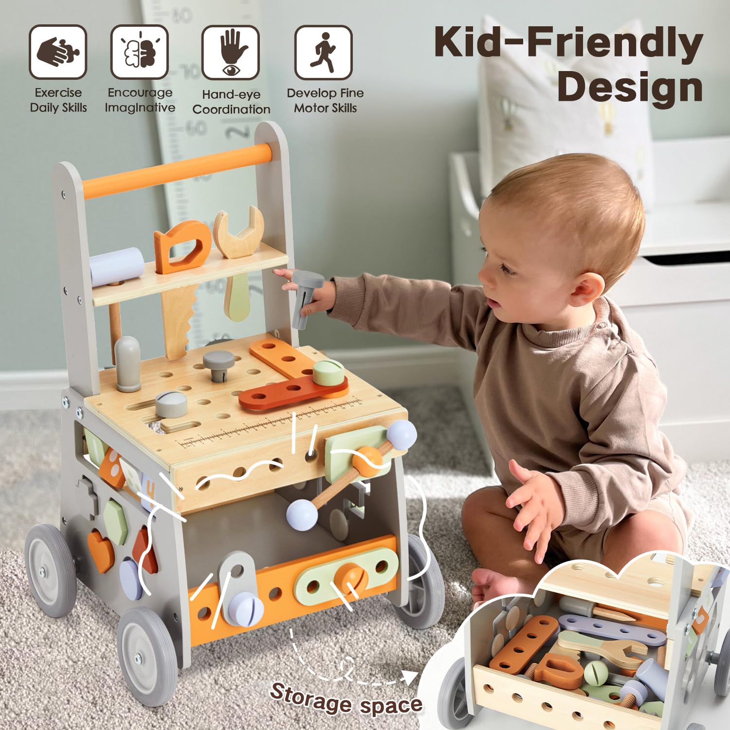 Andador de madera para bebés, caminador de empuje, juguete de herramienta para niños pequeños, andador de bebé de velocidad ajustable con rueda, caminante de actividades de aprendizaje para 3