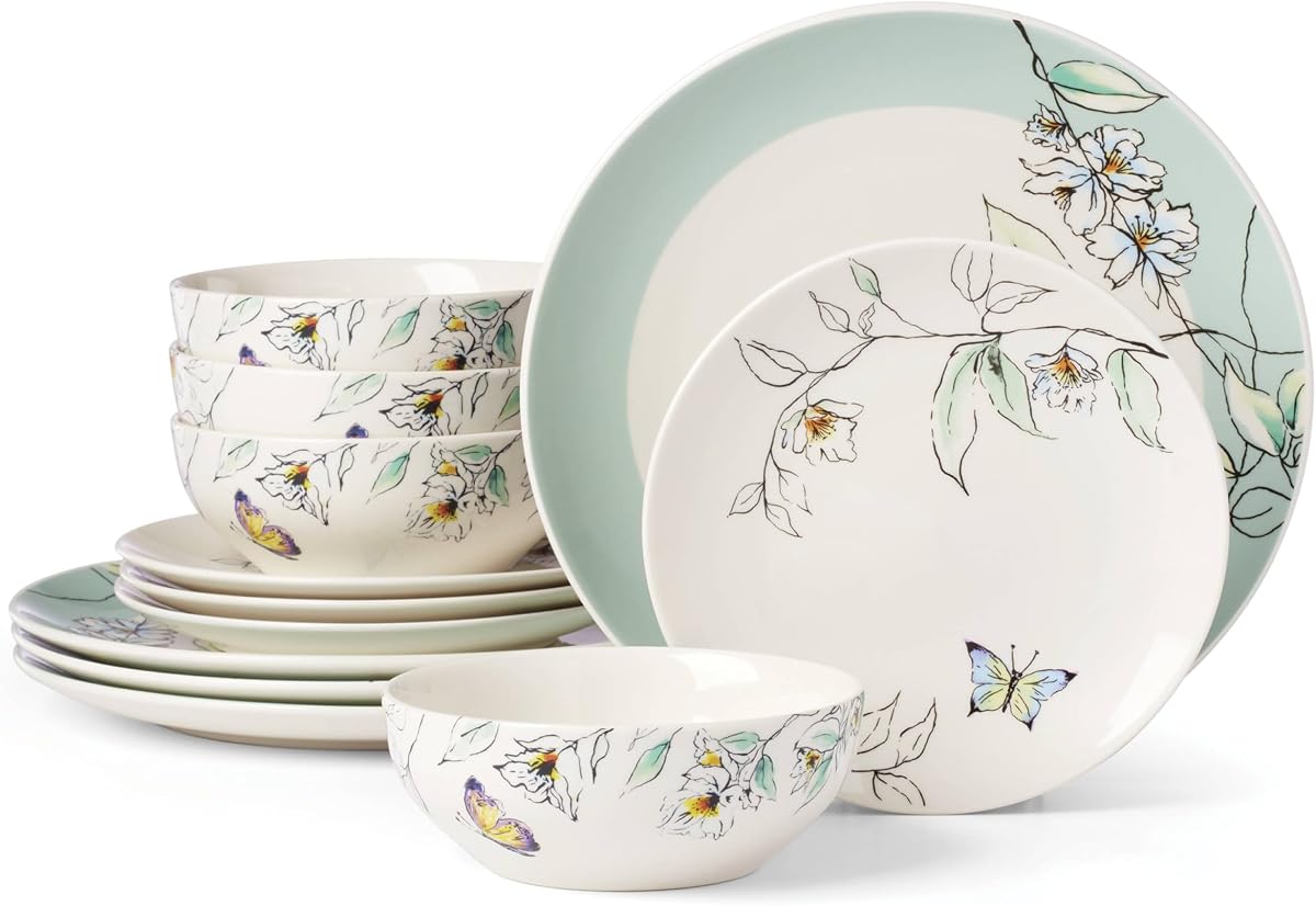 Oneida Botanica Porcelain 12-Piece Dinnerware Set for 4 | ceramic, dishwasher safe | plates and bowls sets for kitchen and dining | 10.5 inch plate, dish set, dishes