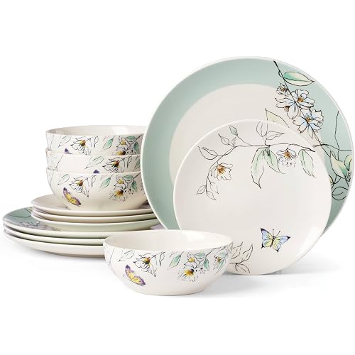 Oneida Dinnerware Set, Botanica 12-Piece Dinnerware Set, Service For 4, Porcelain Material, Dishwasher And Microwave Safe, Bowls, Plates And Bowls, Dinner Dishes, Plates, Home (Green, 12 Piece)