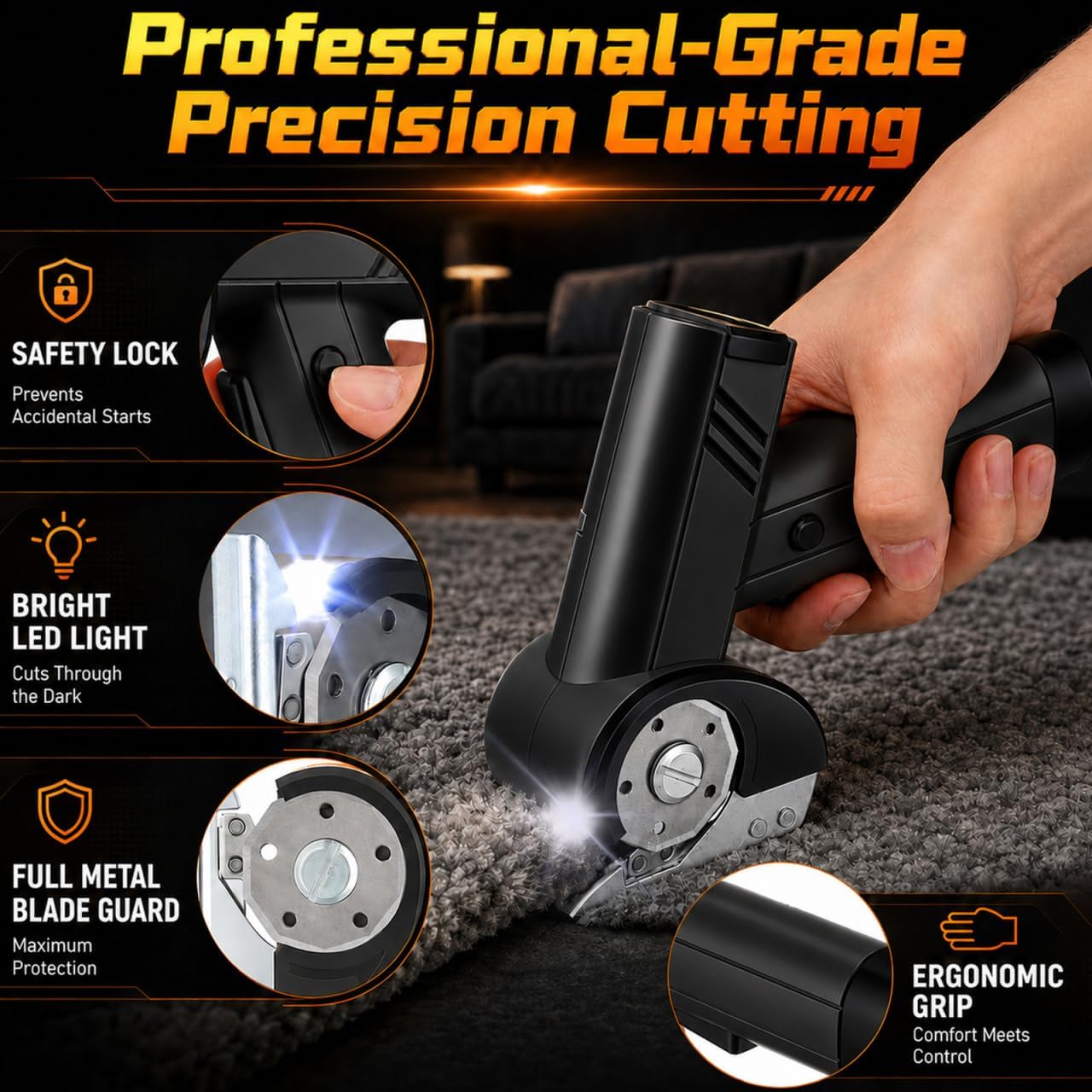 Cordless Electric Scissors 4V Electric Mini Box Cutter for Cloth Fabric Leather and Carpet, Rotary Cutter with 4 Safety Blades & Storage Bag