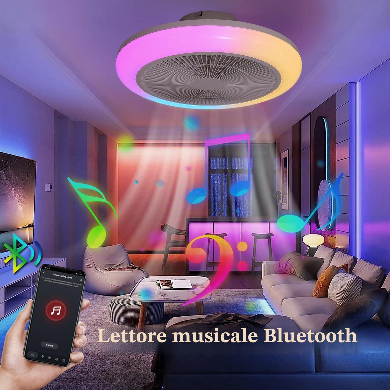 Ventilatore da Soffitto con Lampada RGB Plafoniera LED Dimmerabile Telecomando App 6 Velocità Bianco Ventilatori a Soffitto con Luce Camera da Letto Bluetooth Altoparlante Musica Plafoniere Fan