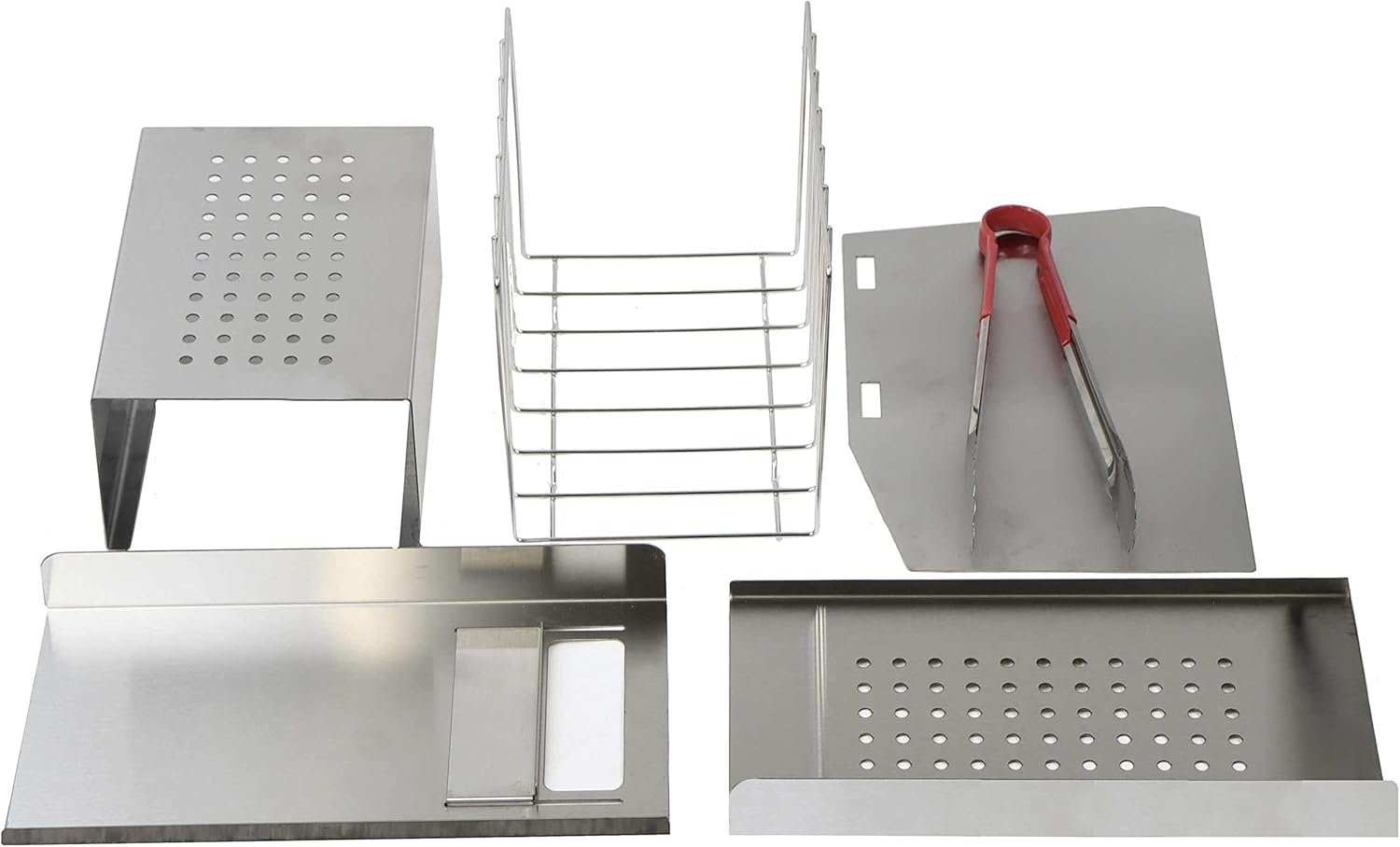 Disassembled components of the hot dog steamer including trays, bun rack, and tongs