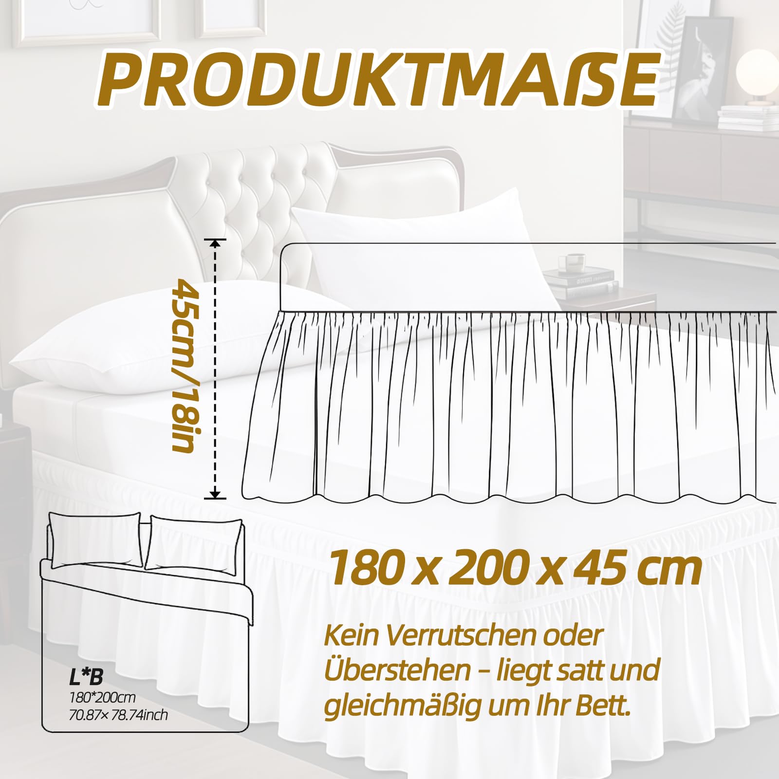 Bio-Baumwolle Volant Betthusse Weiß 45cm Gesamthöhe 180x200 cm Bettrock
