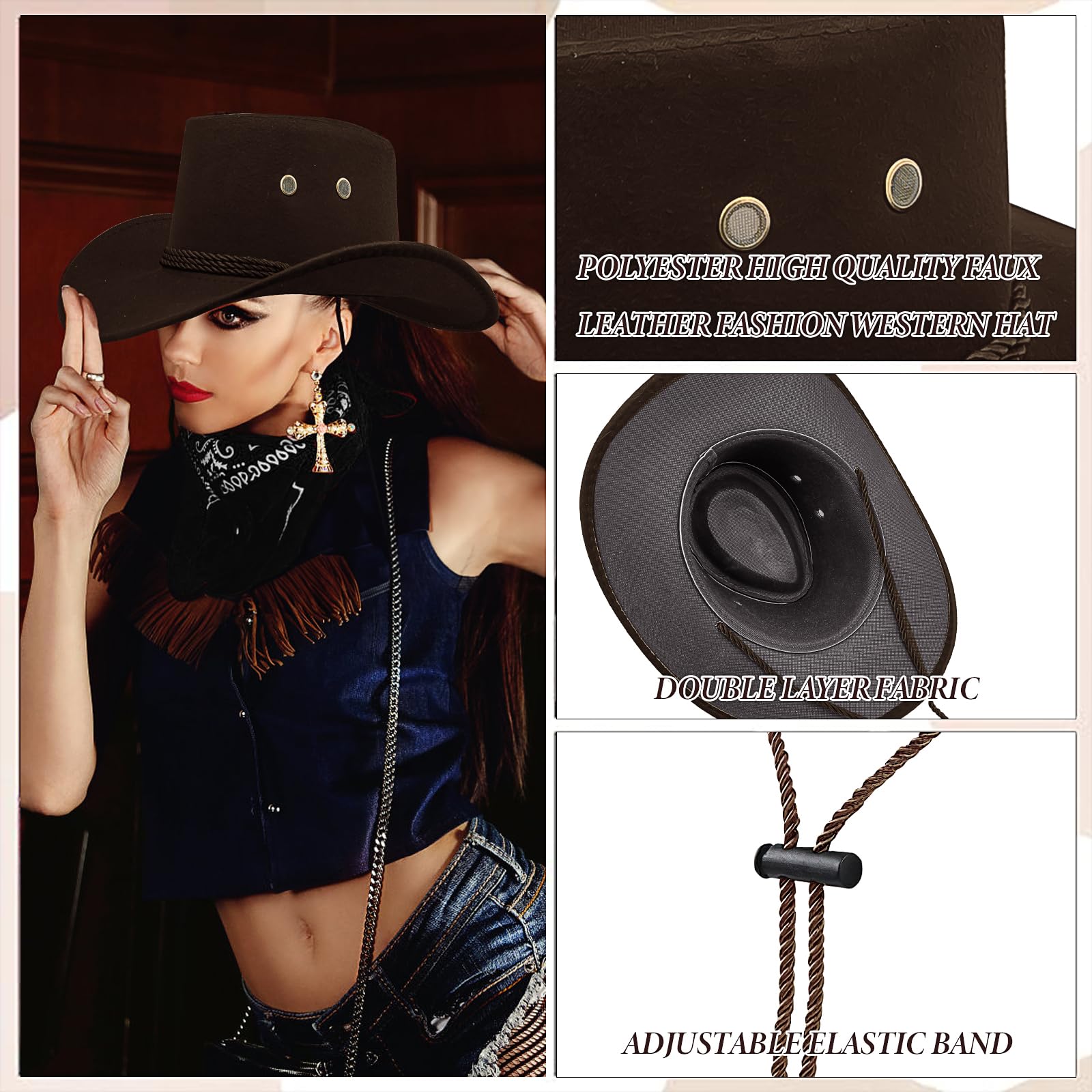 LYCN 24 Stück Cowboyhüte Set – Westernhut mit breiter Krempe aus Wildlederimitat, braune Cowboyhüte mit 12 Bandanas und Verstellbarer Kordel für Männer und Frauen, Kostümparty Zubehör