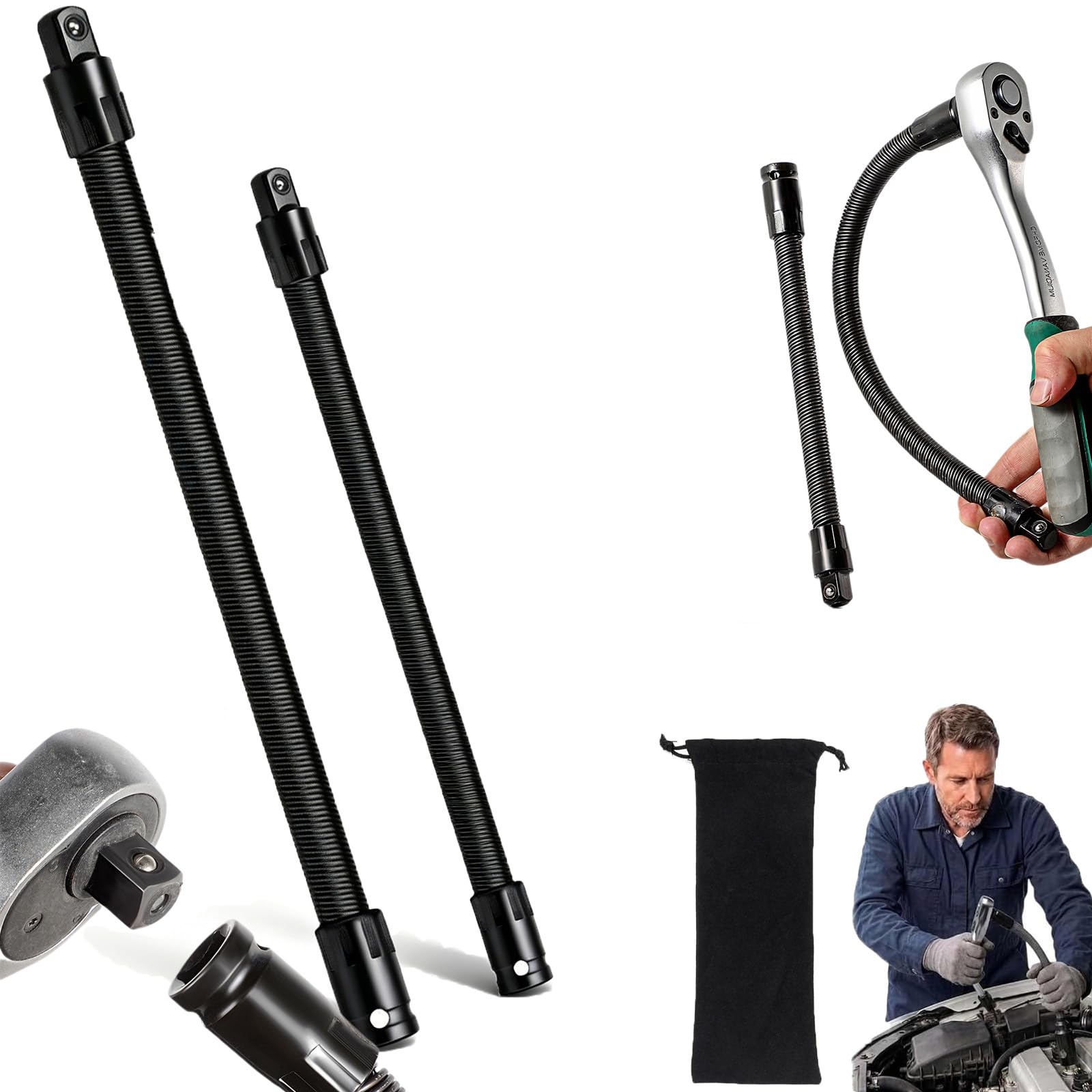 1/2 Flexible Shaft Extension Extender Torque Socket, 250mm/350mm Flexible Socket Extension, 360° Bendable Spring Loaded Shaft, Bends Over Backwards for Tight Spots, Extended Length (250+350MM,STYLE-1)