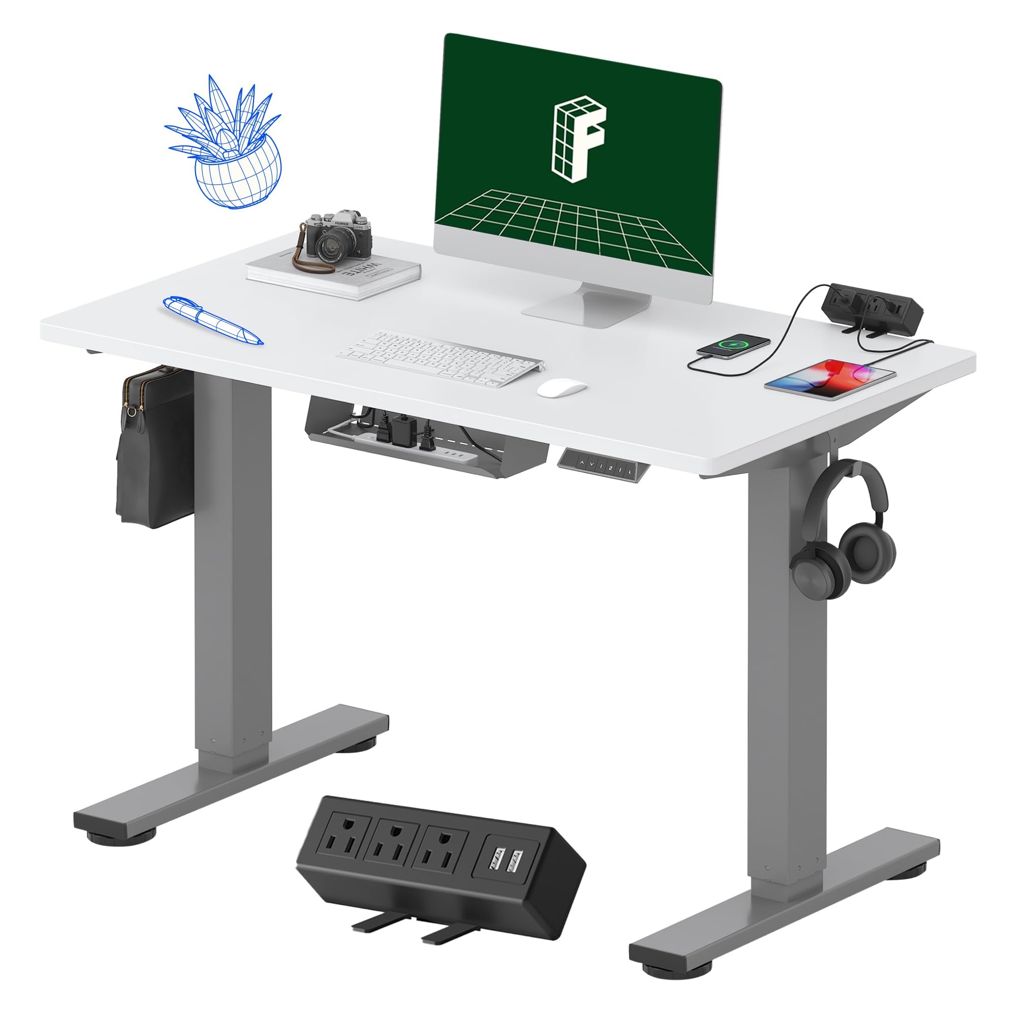 FLEXISPOT EN2 40"x24" Standing Desk with Power Strip Bundle, White